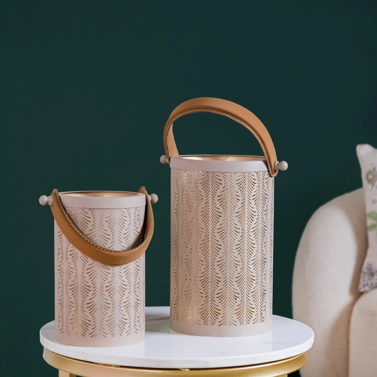 Modern Matte Beige Leaf Cutwork Metal Lantern Set Of 2 - Image 5