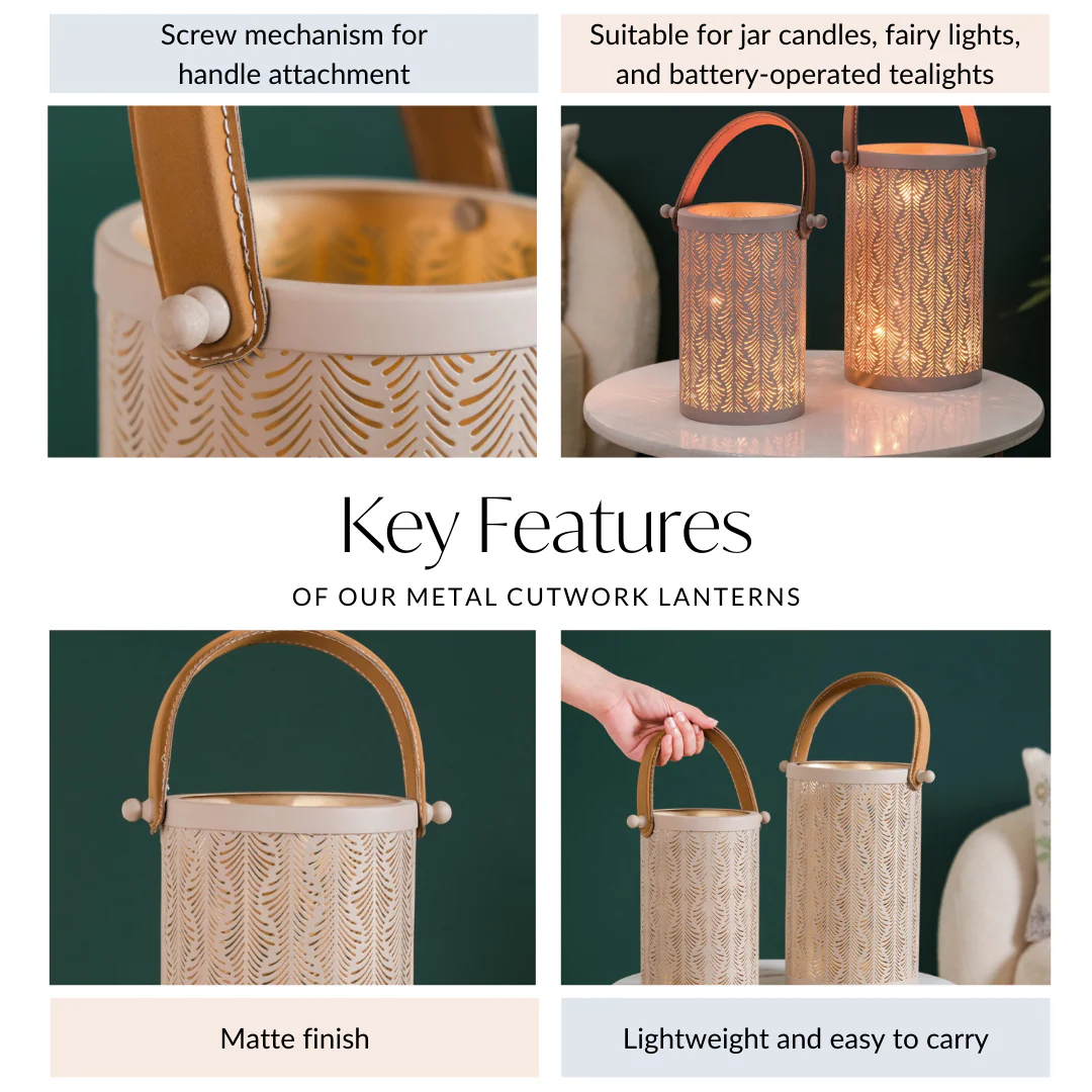 Modern Matte Beige Leaf Cutwork Metal Lantern Set Of 2 - Image 7