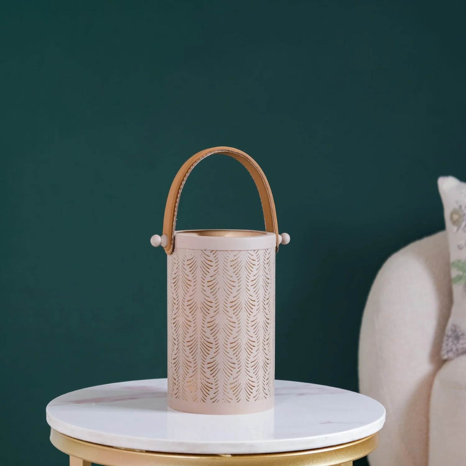 Modern Matte Beige Leaf Cutwork Metal Lantern Set Of 2 - Image 9