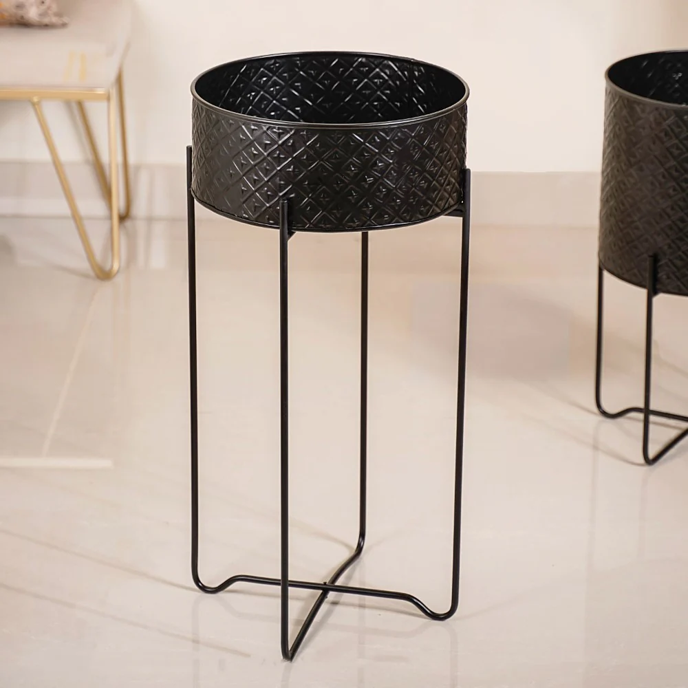 Modern Metal Floor Planter With Stand Black Set Of 2 - Image 16