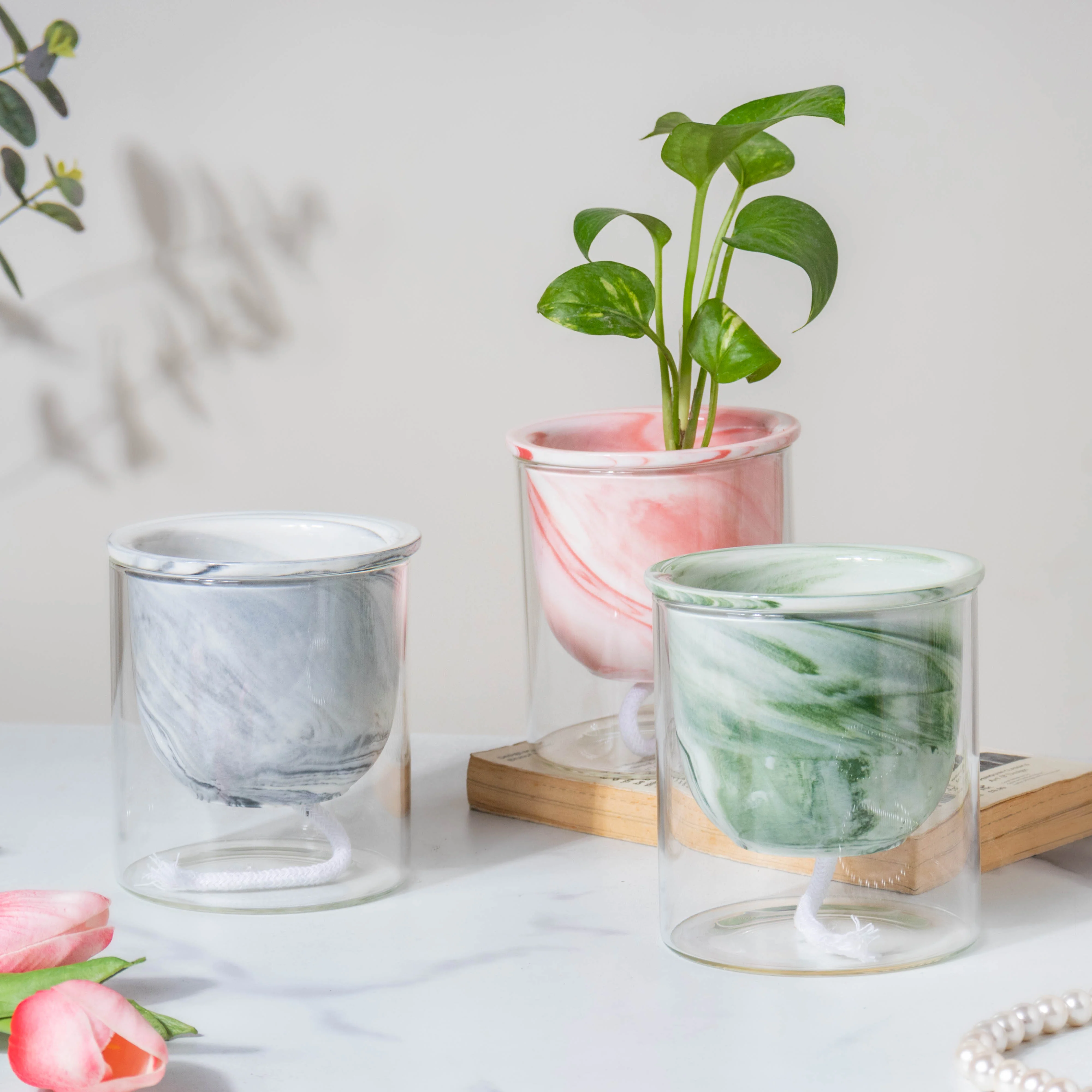 Modern Pink Ceramic Planter With Glass Stand - Image 9