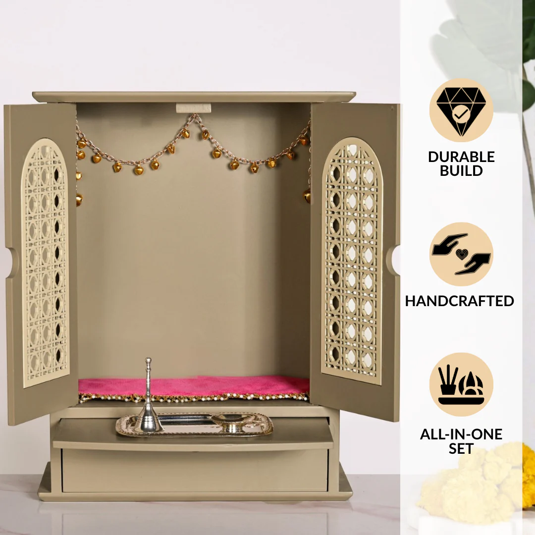 Modern Puja Mandir Medium With Ghungroo Chain Aasan Puja Thali Diya And Ghanti Set - Image 2
