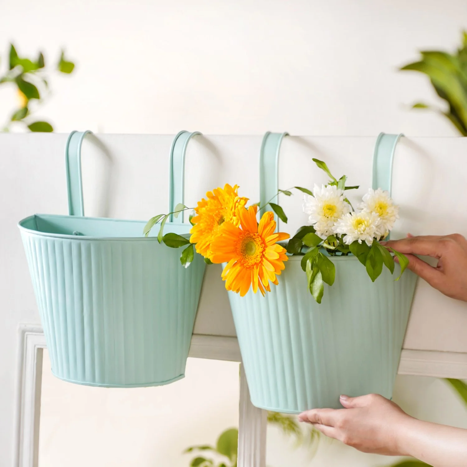 Modern Ribbed Balcony Hanging Planter Set Of 2 Mint - Image 2