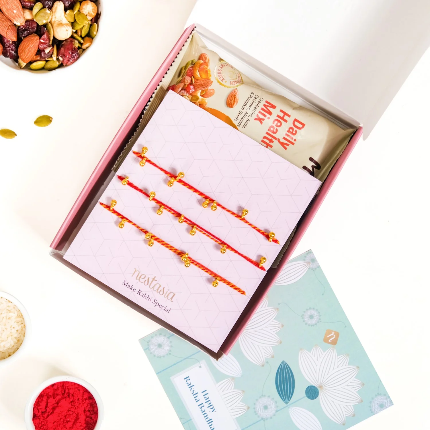 Moli Rakhi Gift Set Of 5 With Box Roli Chawal Dry Fruits And Card - Image 2