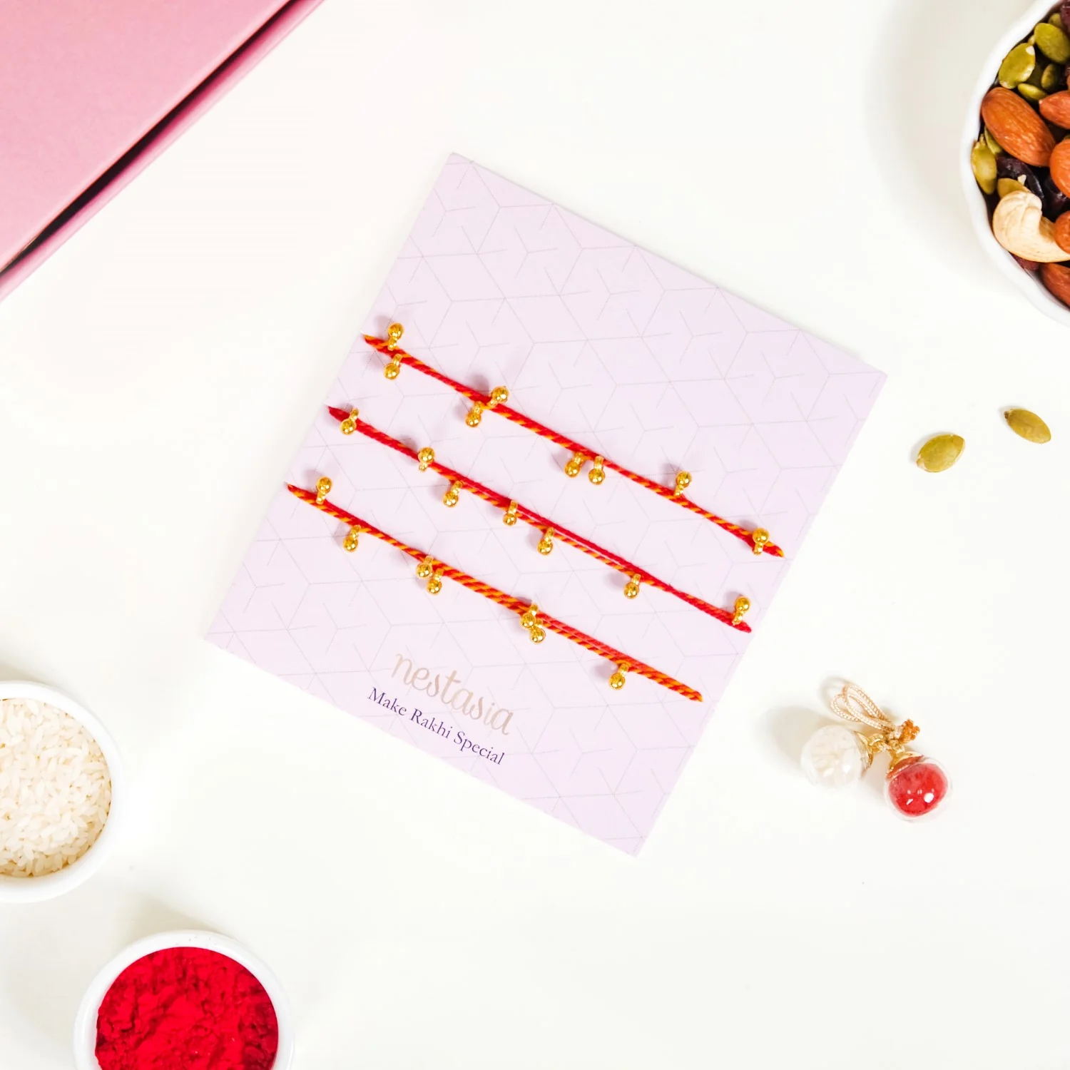 Moli Rakhi Gift Set Of 5 With Box Roli Chawal Dry Fruits And Card - Image 3