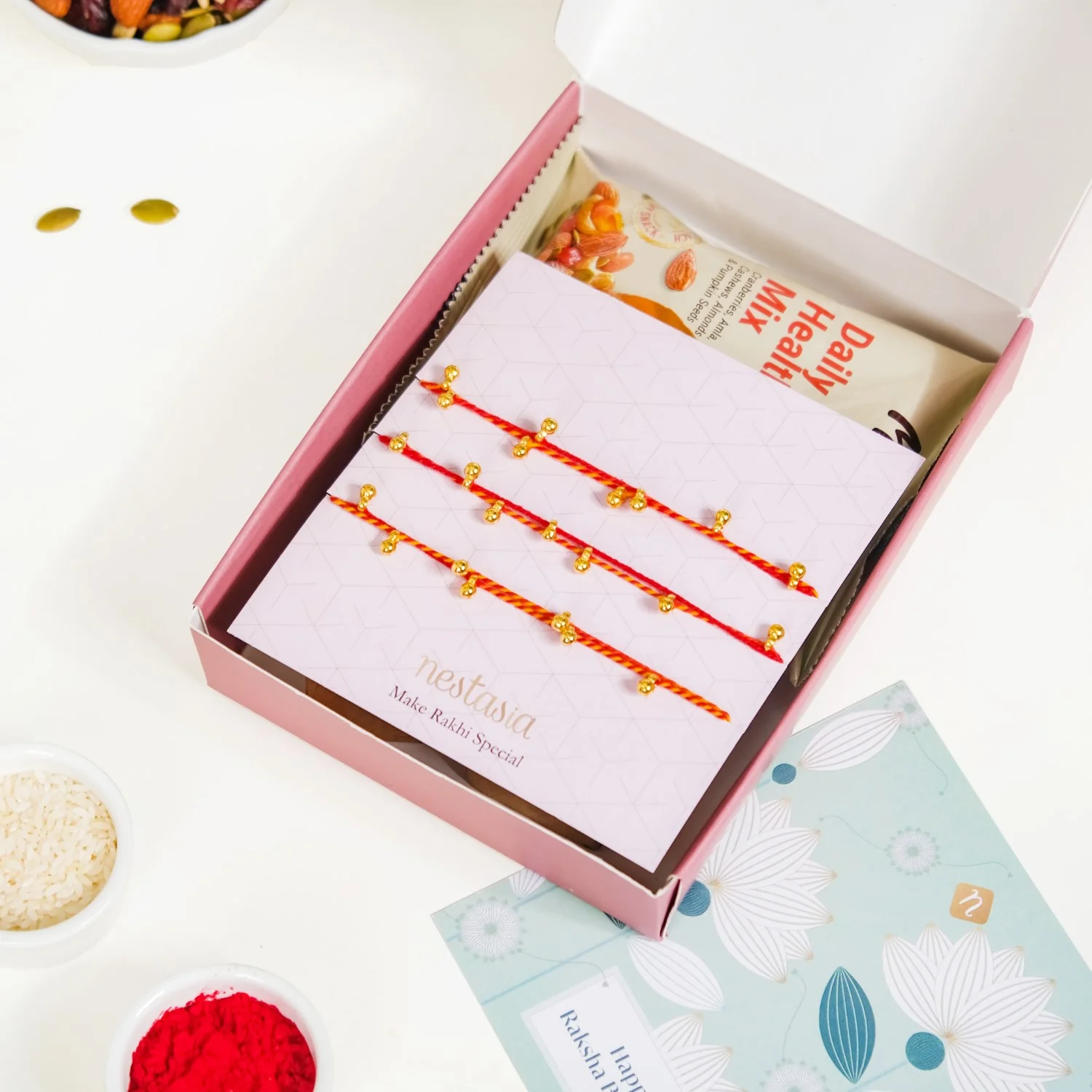 Moli Rakhi Gift Set Of 5 With Box Roli Chawal Dry Fruits And Card - Image 4