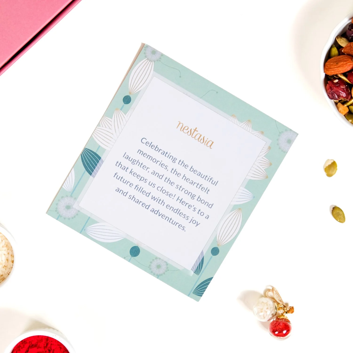 Moli Rakhi Gift Set Of 5 With Box Roli Chawal Dry Fruits And Card - Image 9