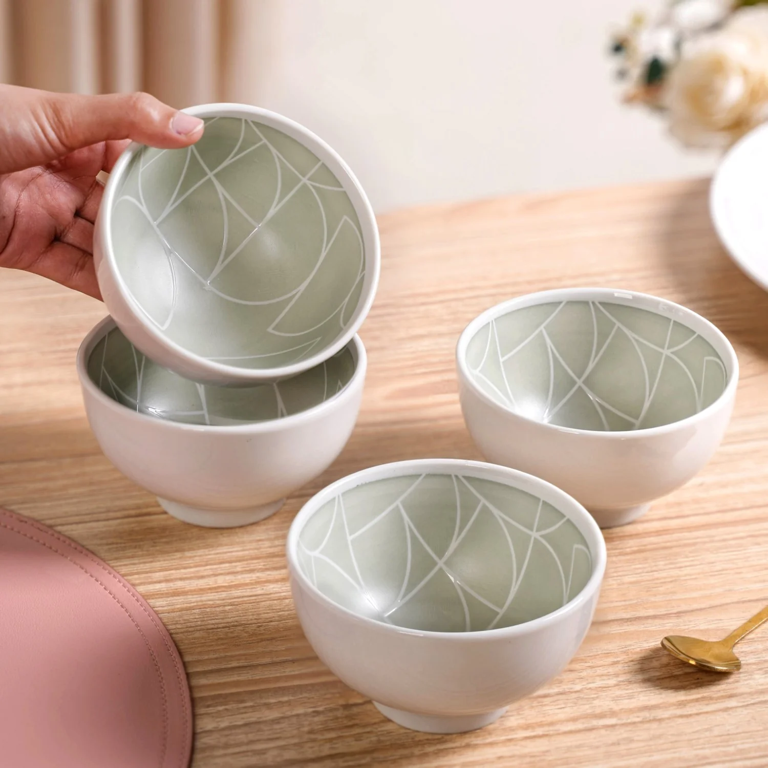 Monvia Geometric Pattern Ceramic Bowl Set Of 4 Mint 325ml - Image 3