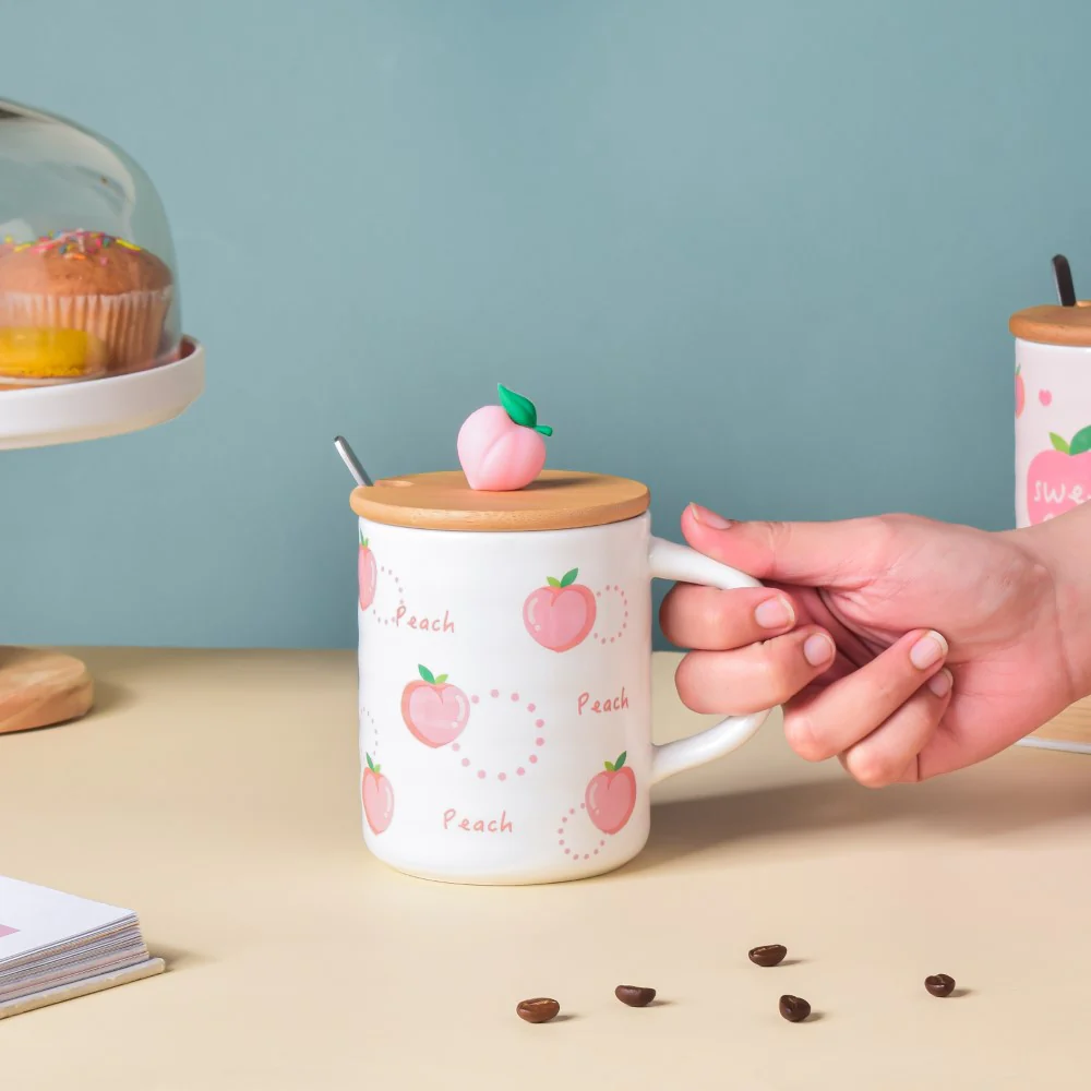 Morning Tea Mug Peach Patterned With Lid And Spoon 350 ml - Image 2