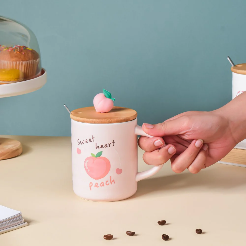 Morning Tea Mug Sweet Peach With Lid And Spoon Pink 350 ml - Image 2