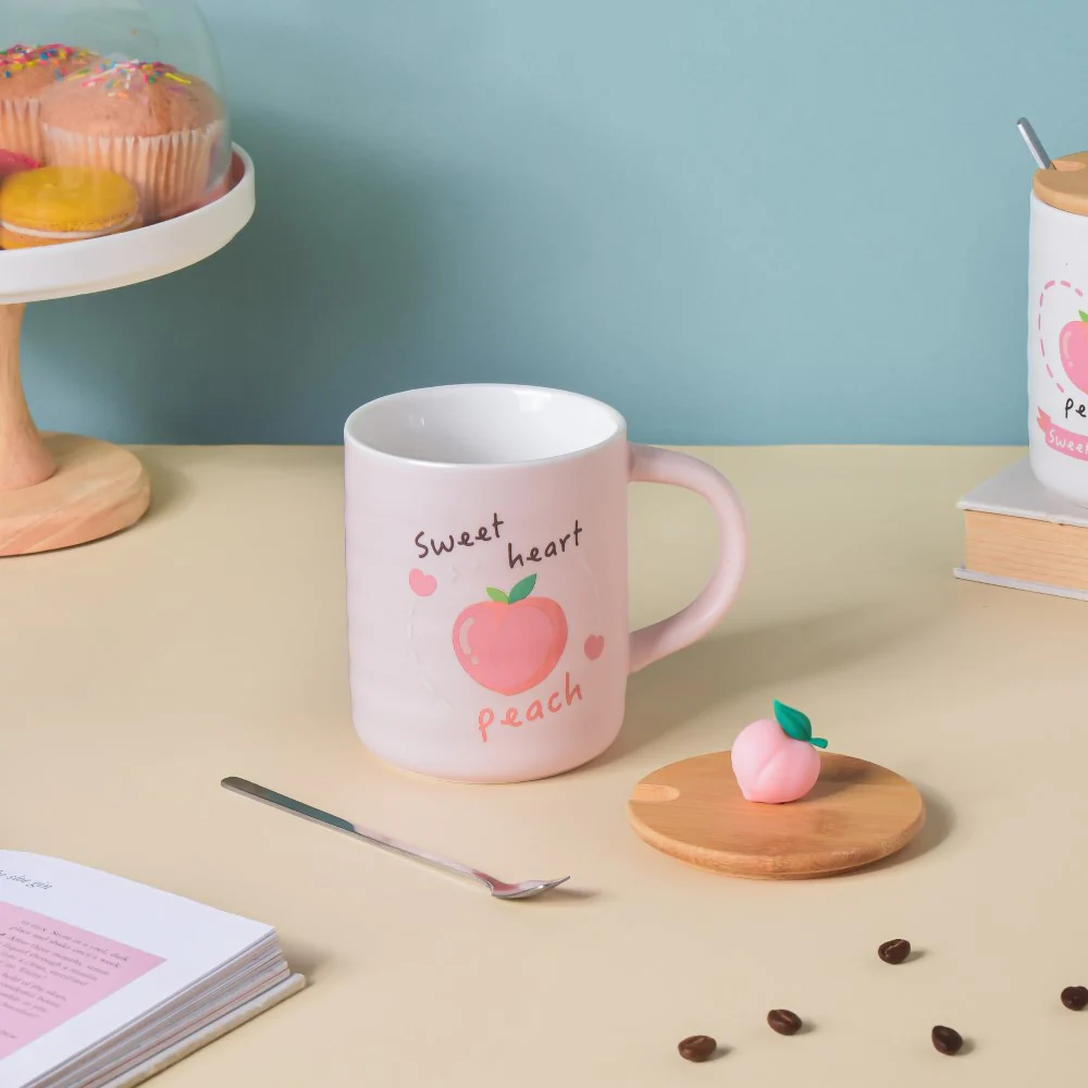 Morning Tea Mug Sweet Peach With Lid And Spoon Pink 350 ml - Image 4