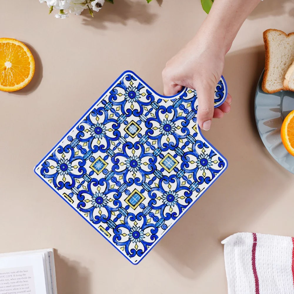 Moroccan Art Ceramic Platter With Handle Blue 9 Inch - Image 2