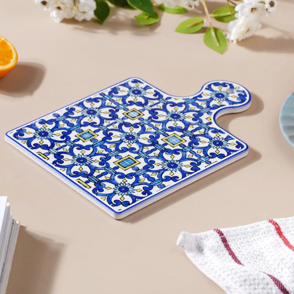 Moroccan Art Ceramic Platter With Handle Blue 9 Inch - Image 3