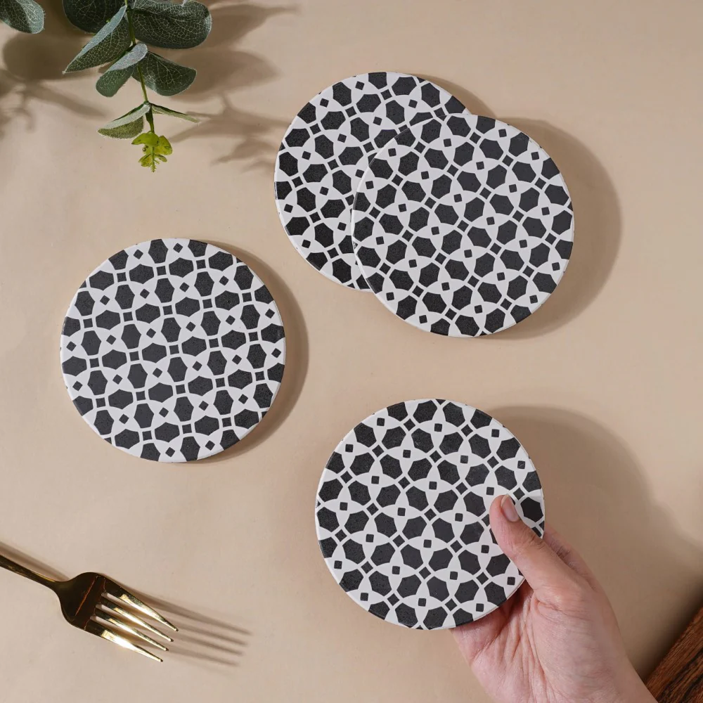 Moroccan Black And White Ceramic Coaster Set Of 4 - Image 2