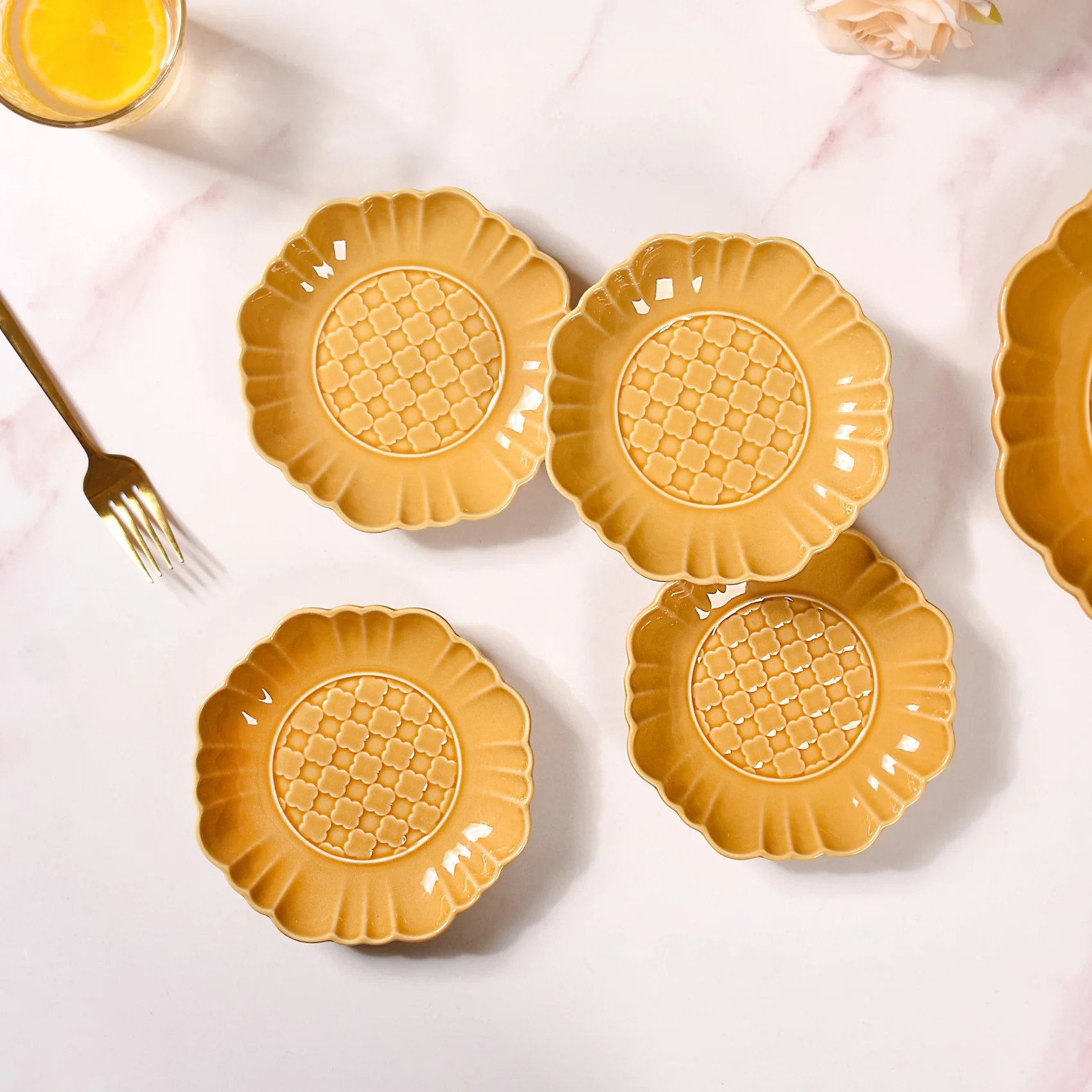 Moroccan Motif Dessert Plate Set Of 4 Yellow Ochre 6 Inch - Image 7