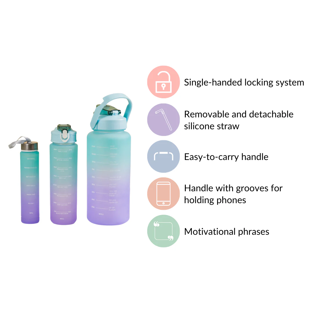 Set Of 3 Motivational Water Bottles Green Lavender - Image 9
