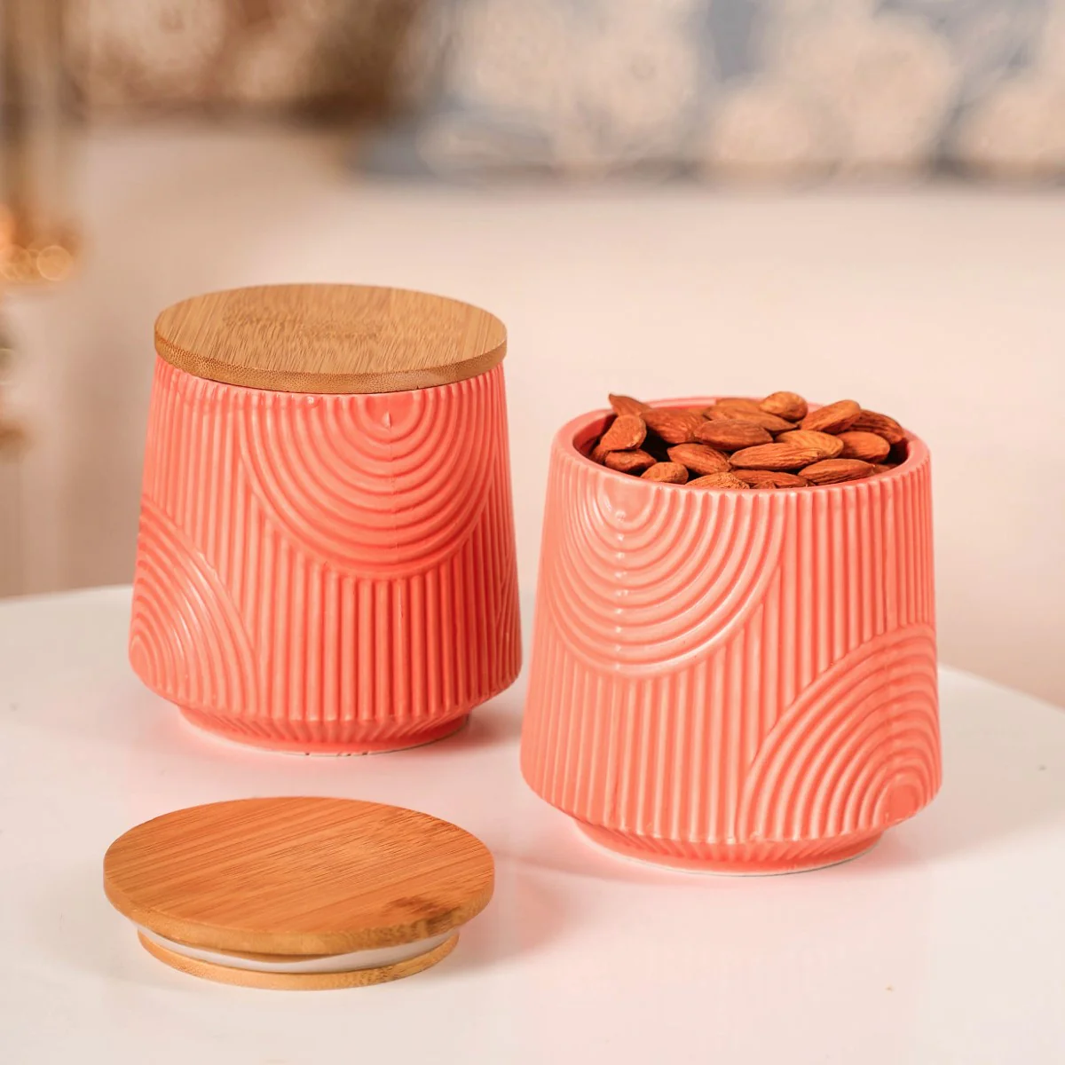 Multipurpose Ceramic Storage Jar Coral Red Set of 2 - Image 2