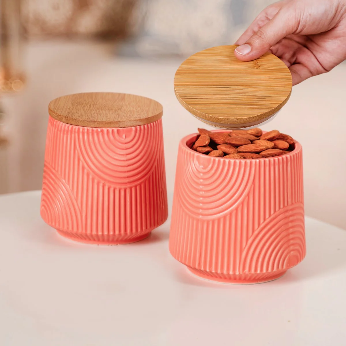 Multipurpose Ceramic Storage Jar Coral Red Set of 2 - Image 3