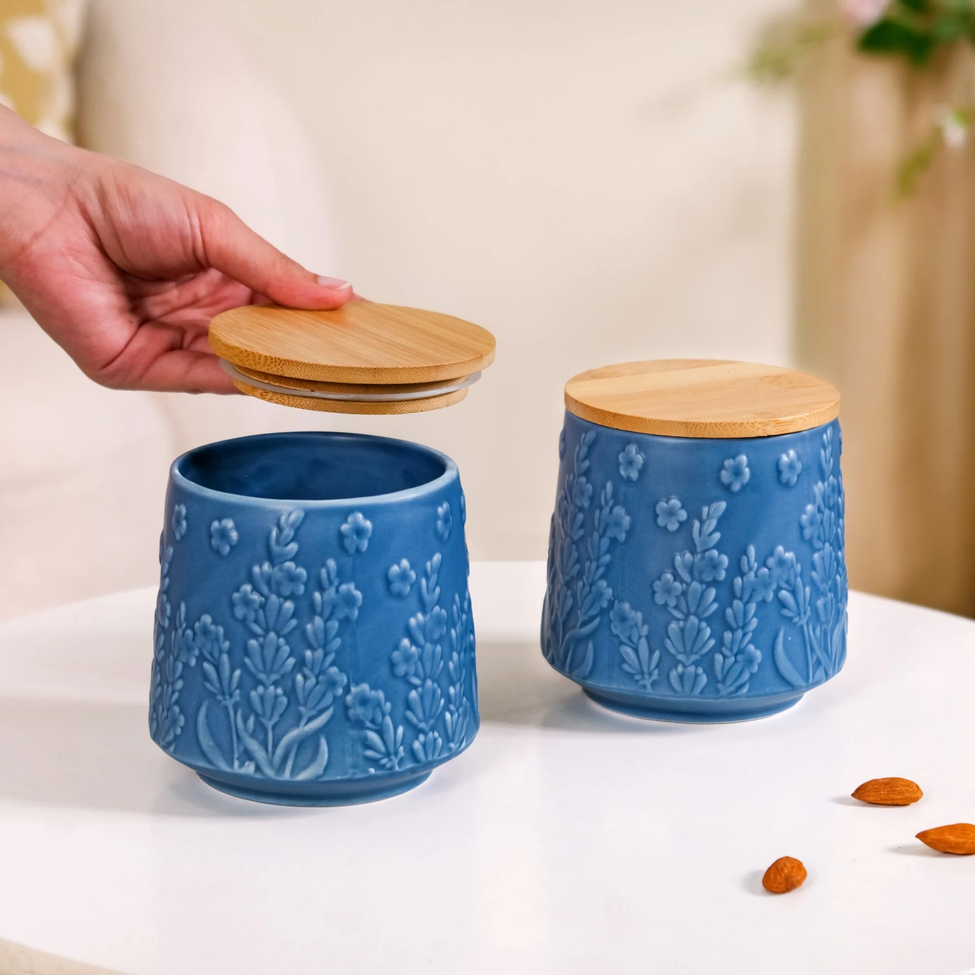 Multipurpose Floral Ceramic Jar Set Of 2 Blue - Image 2
