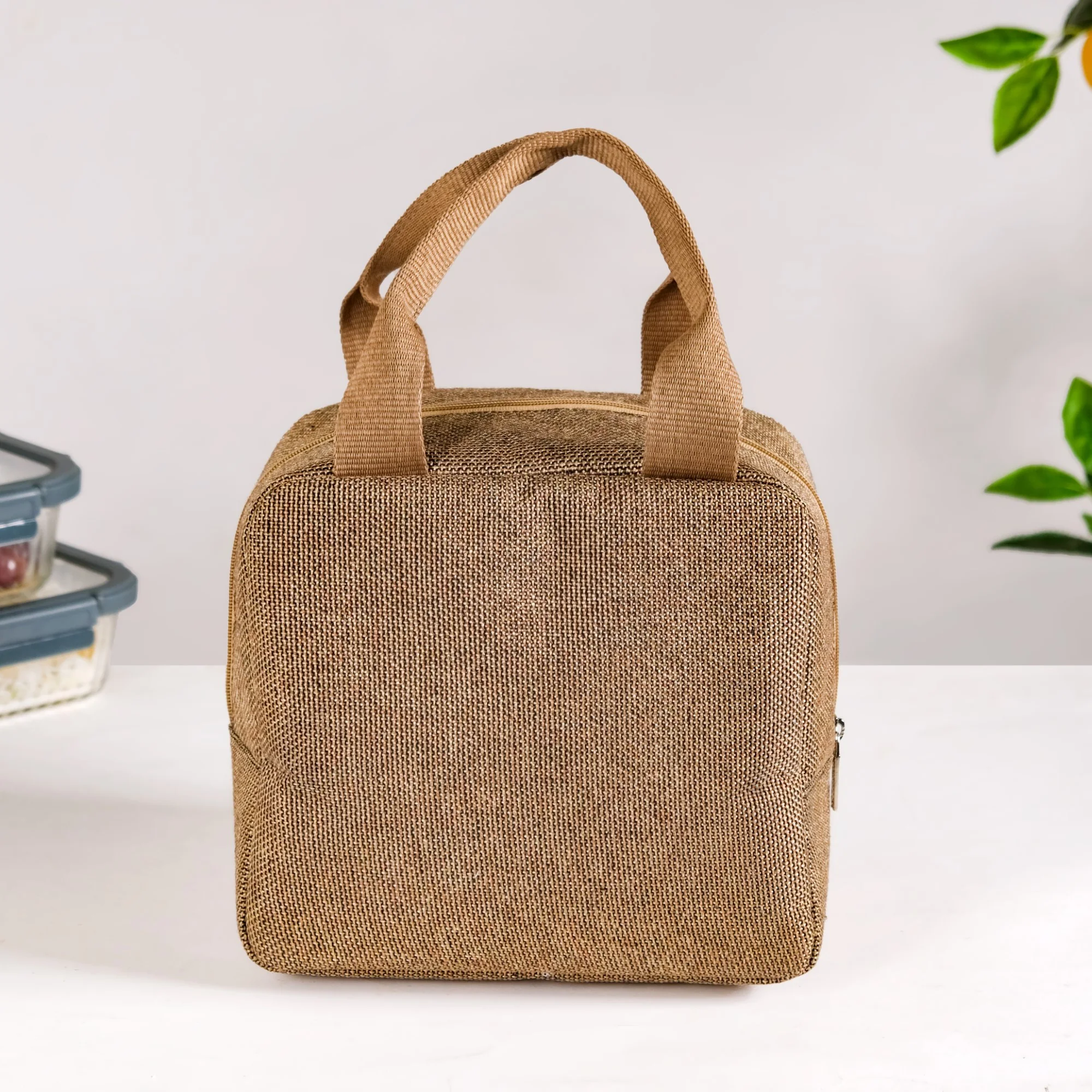 Multipurpose Thermal Insulated Jute Lunch Bag Beige - Image 11