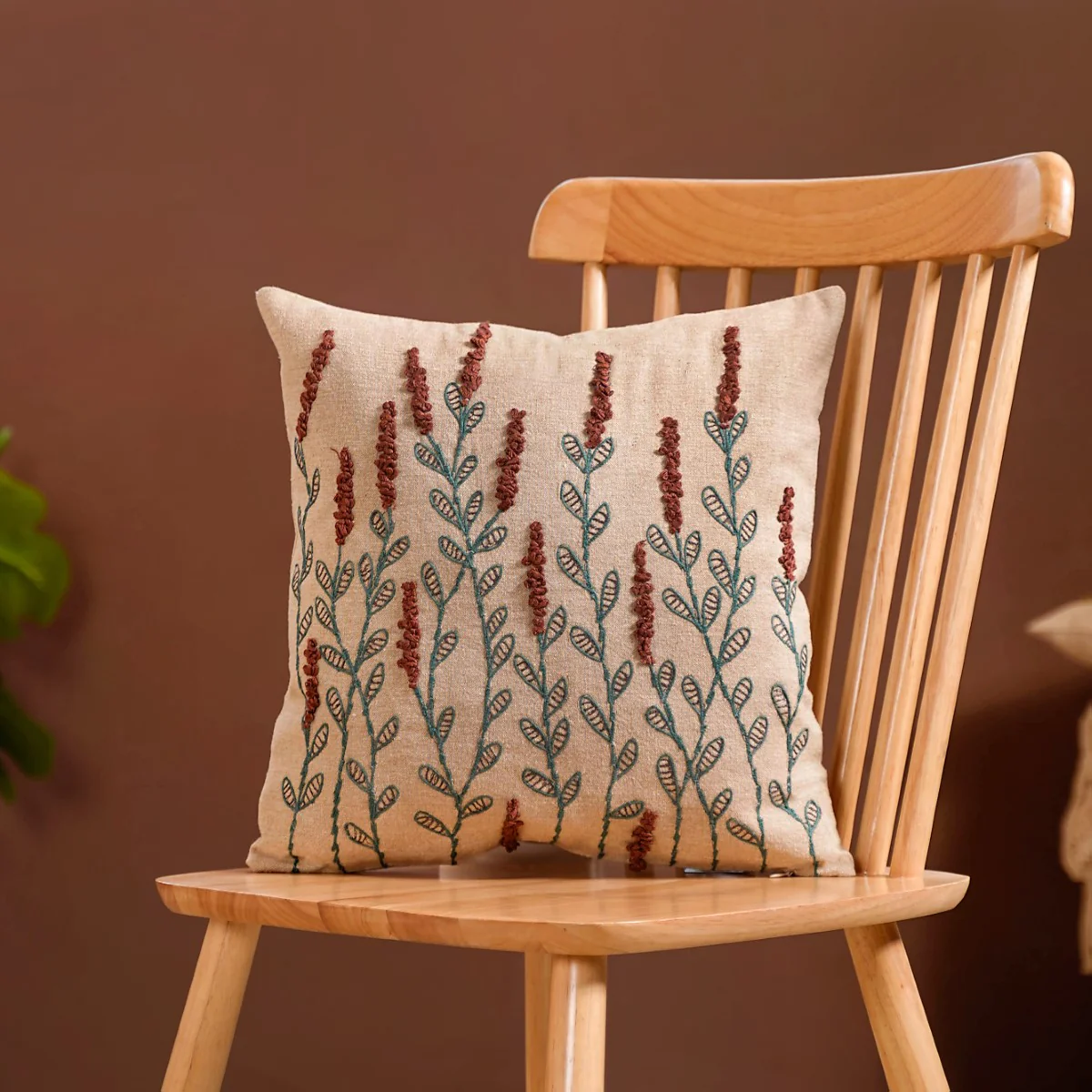 Native Bloom Embroidered Linen Cushion Case 16x16 Inch