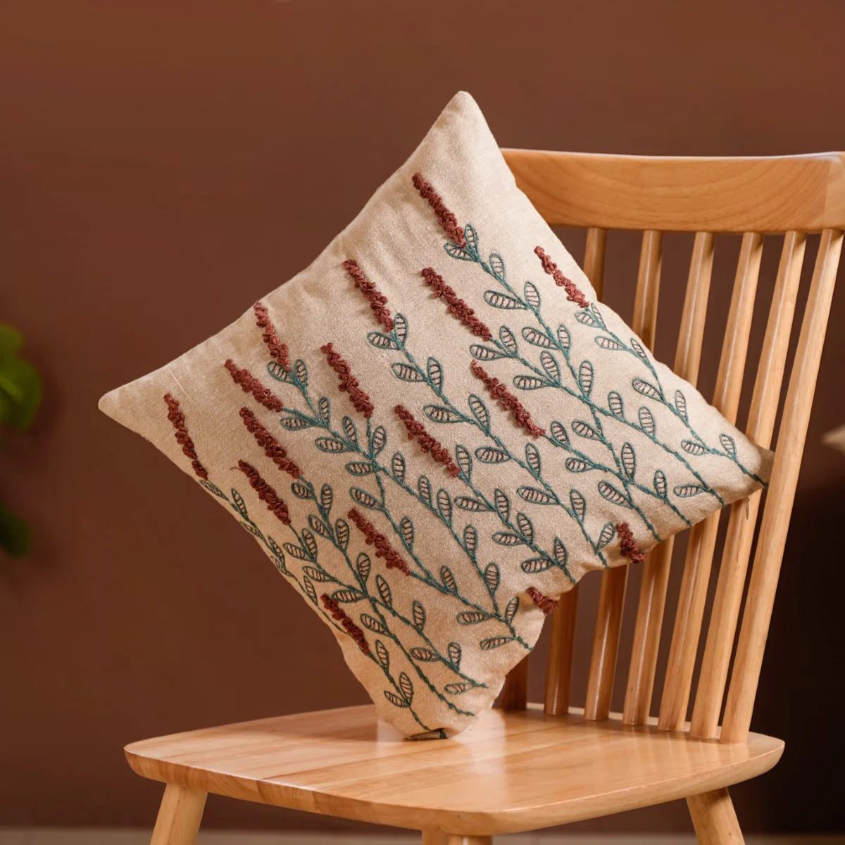 Native Bloom Embroidered Linen Cushion Case 16x16 Inch - Image 2