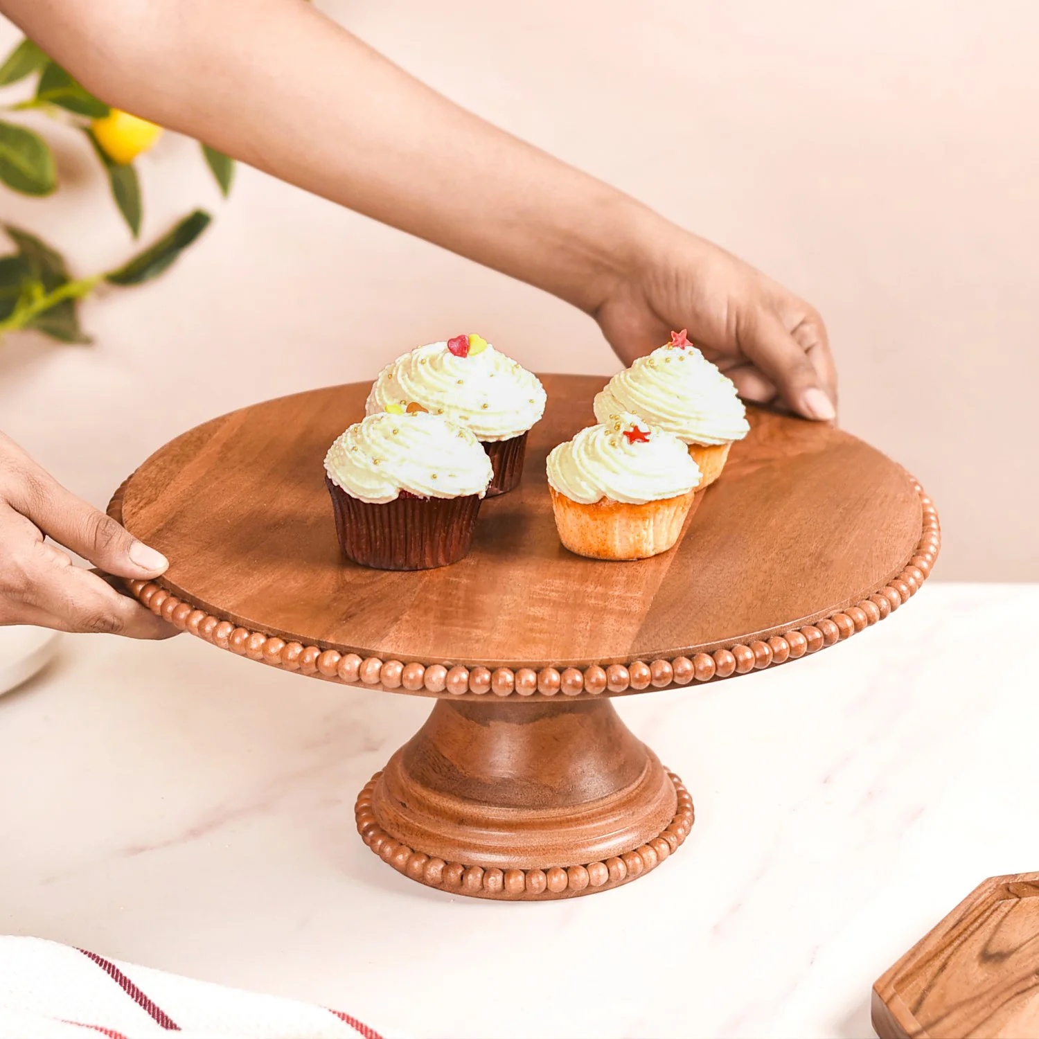 Natural Acacia Wood Beaded Cake Stand 13 Inch - Image 3
