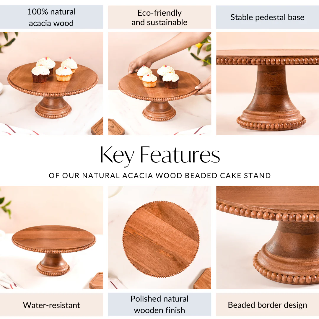 Natural Acacia Wood Beaded Cake Stand 13 Inch - Image 5
