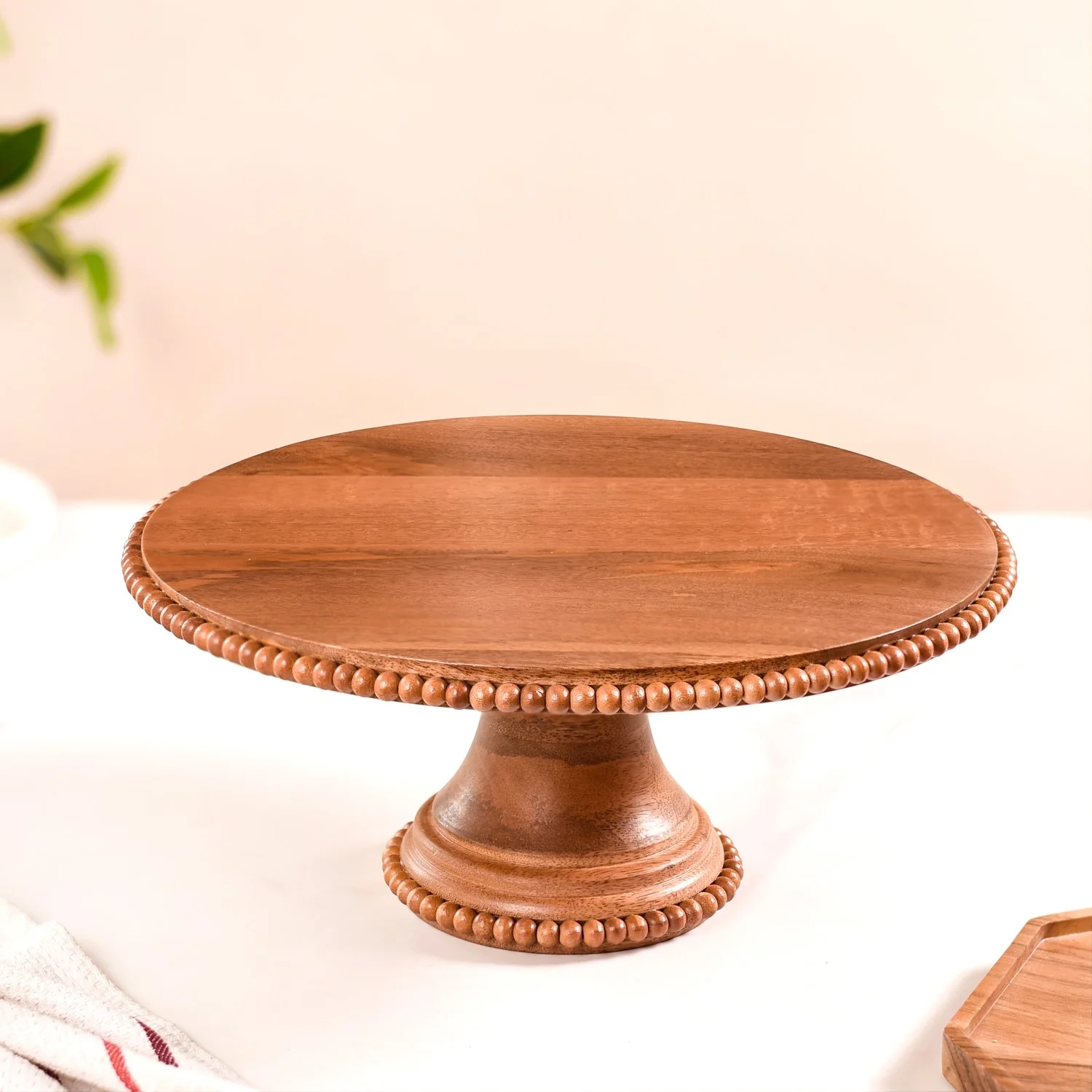 Natural Acacia Wood Beaded Cake Stand 13 Inch - Image 9