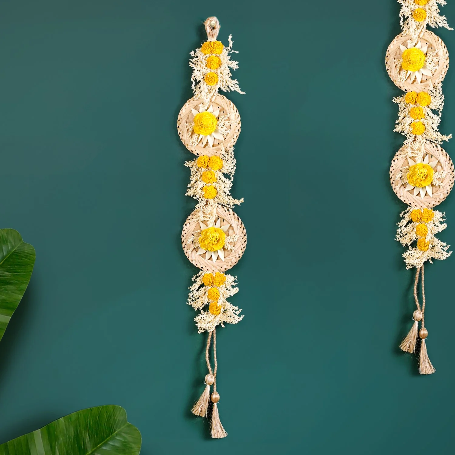 Natural Flower Jute Wall Hanging Yellow Set Of 2 - Image 7