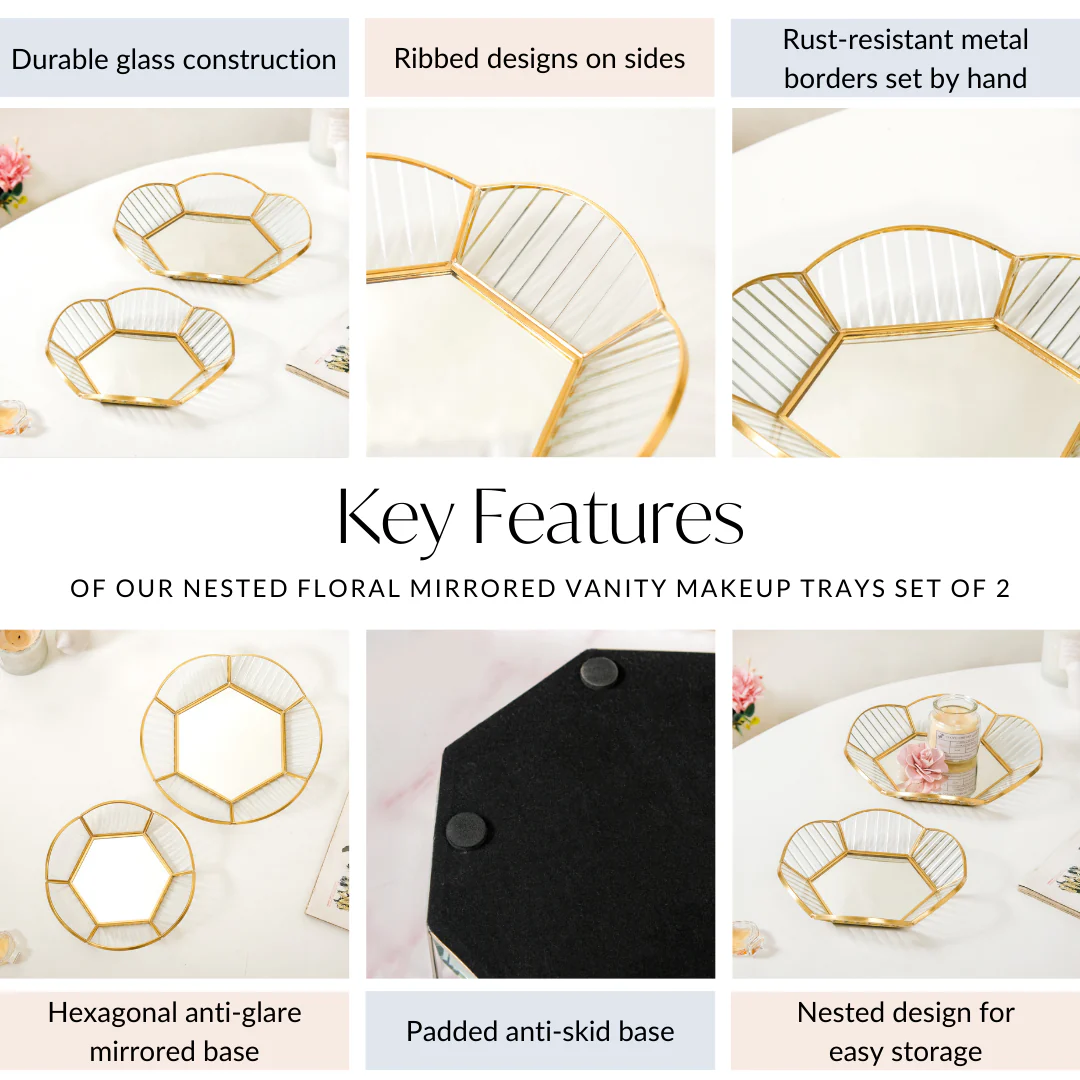 Nested Floral Mirror Vanity Makeup Trays Set Of 2 - Image 5