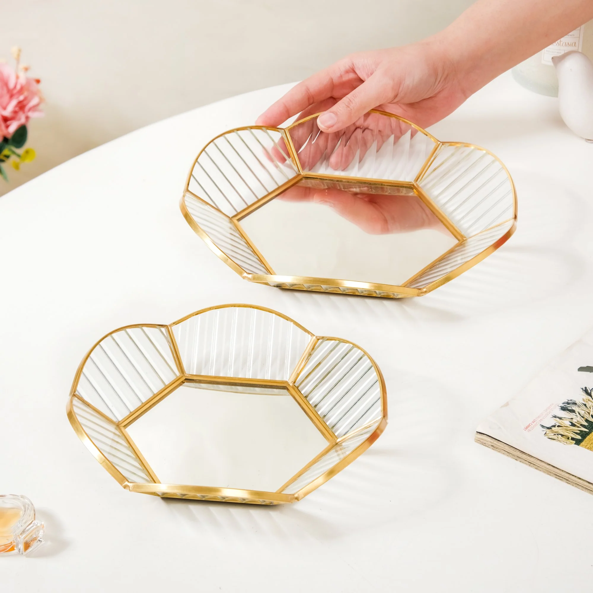 Nested Floral Mirror Vanity Makeup Trays Set Of 2 - Image 8