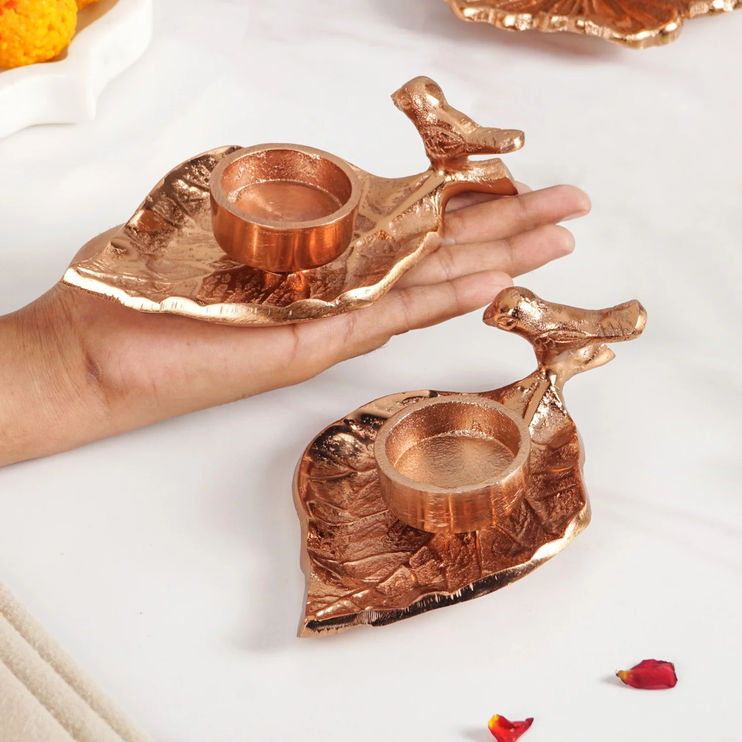 NestGlow Bird Leaf Tealight Candle Holder Set Of 2 Rose Gold - Image 3