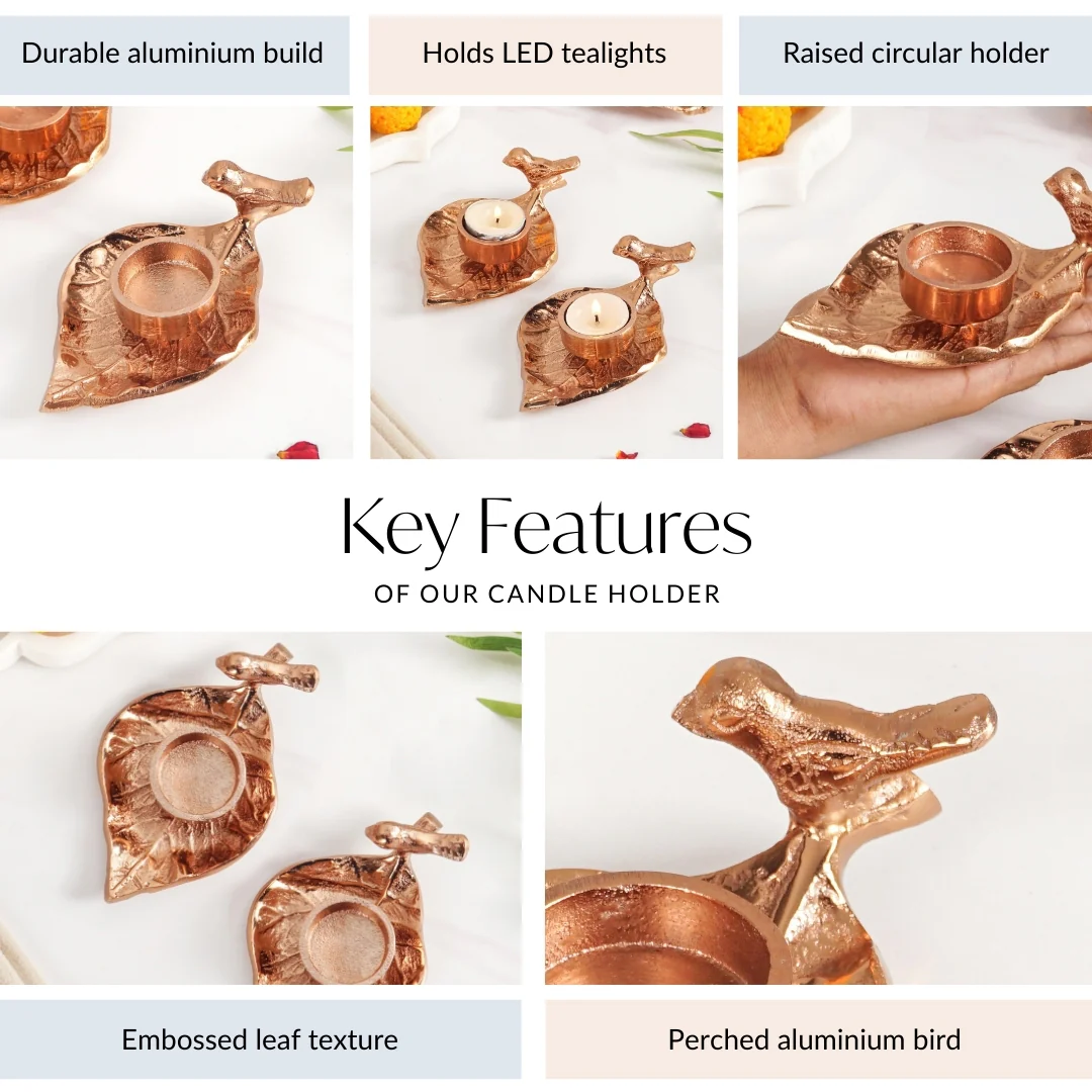 NestGlow Bird Leaf Tealight Candle Holder Set Of 2 Rose Gold - Image 5