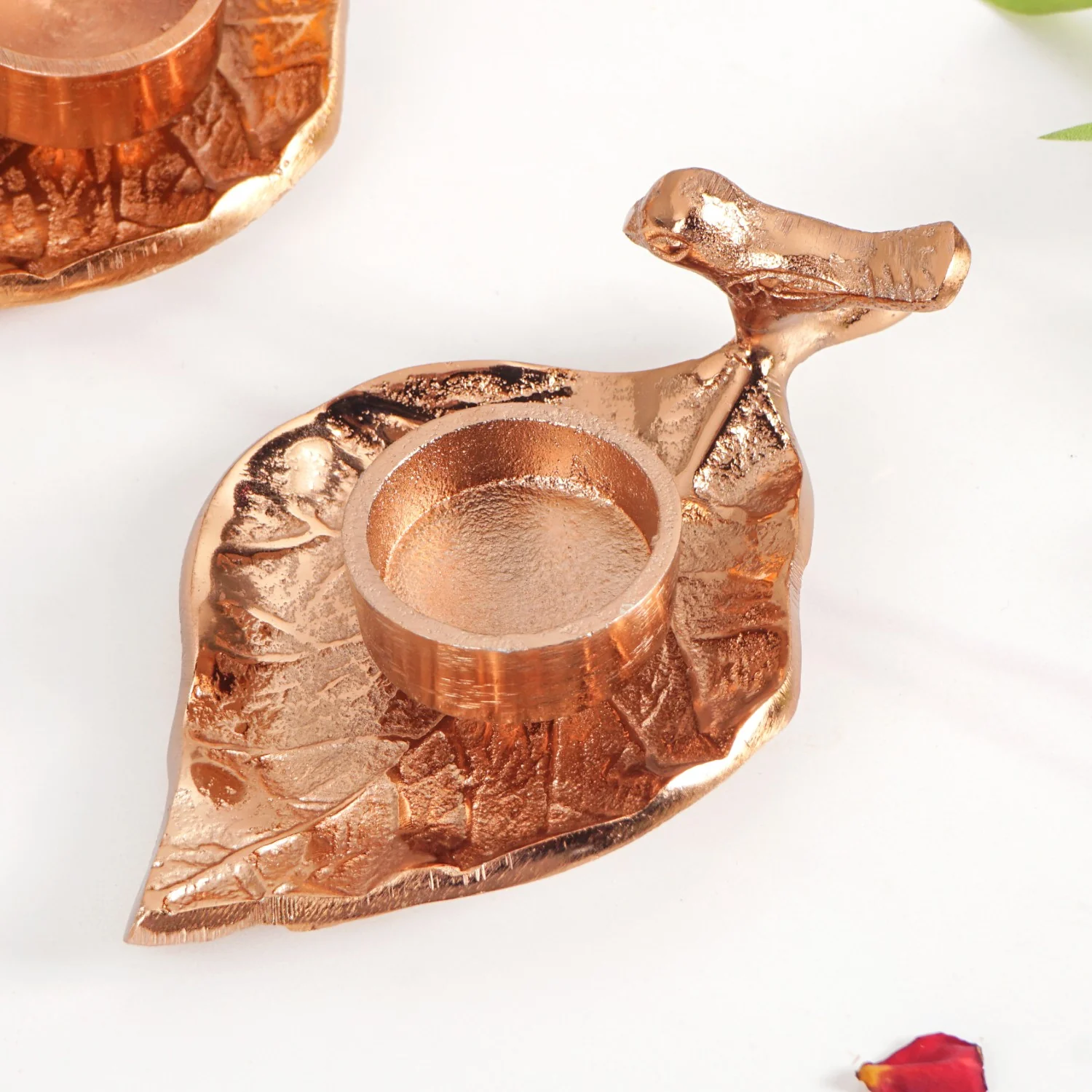 NestGlow Bird Leaf Tealight Candle Holder Set Of 2 Rose Gold - Image 7