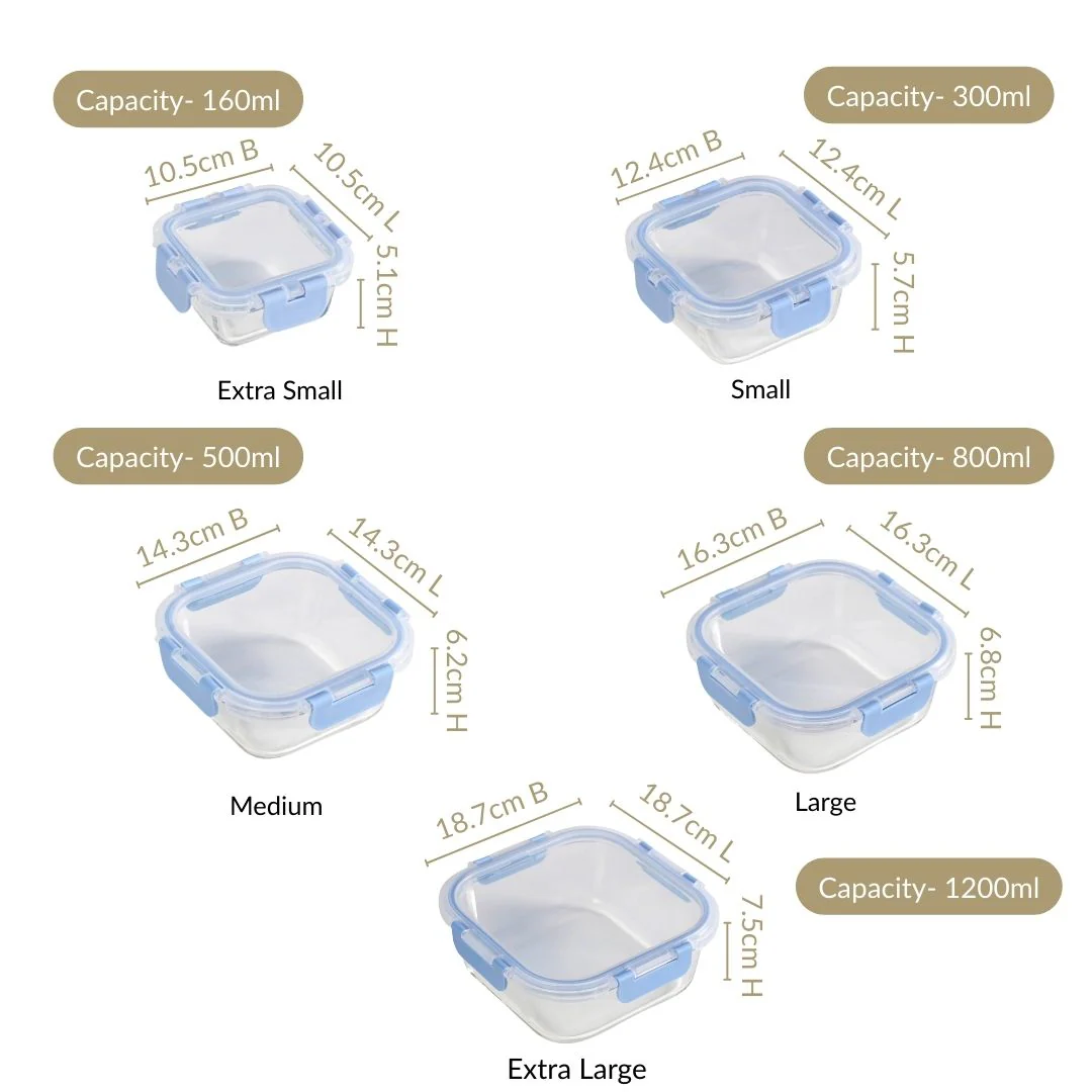 Nestro Airtight Food Storage Square Container Set Of 5 Blue XS 160 S 300 M 500 L 800 XL 1200 - Image 4