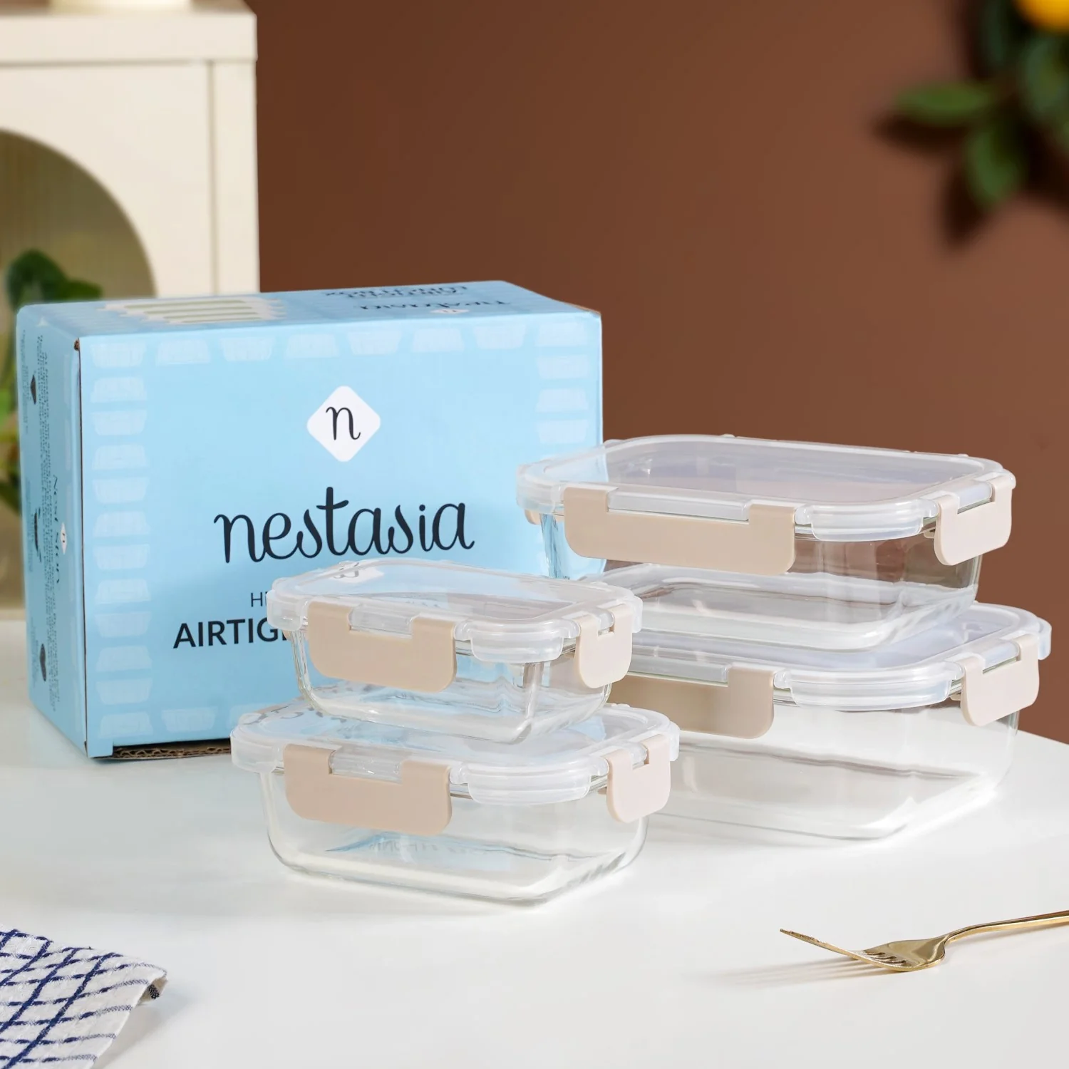 Nestro Leakproof Stackable Food Storage Lunch Box Set Of 4 Beige S 185ml M 370ml L 600ml XL 1000ml - Image 2