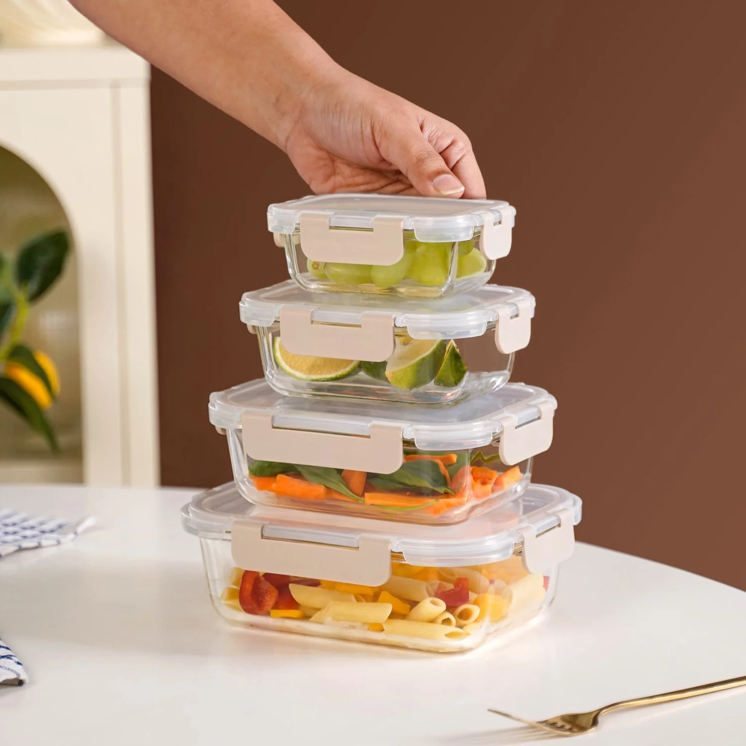 Nestro Leakproof Stackable Food Storage Lunch Box Set Of 4 Beige S 185ml M 370ml L 600ml XL 1000ml - Image 3