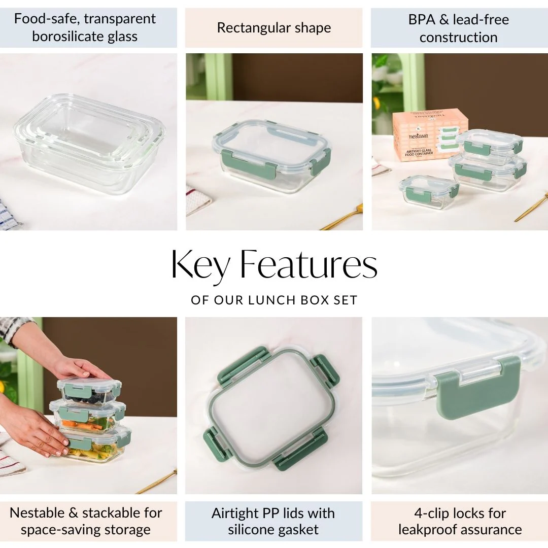 Nestro Microwave Safe Airtight Storage Box Set Of 3 Green S 185ml M 370ml L 600ml - Image 5