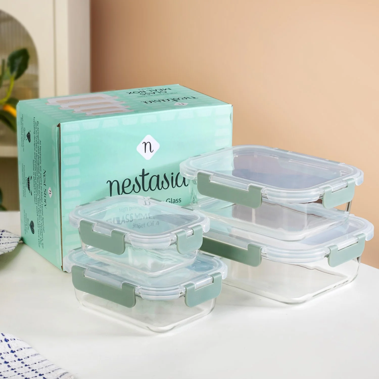 Nestro Microwave Safe Stackable Food Storage Box Set Of 4 Green S 370ml M 600ml L 1000ml Xl 1500ml - Image 2