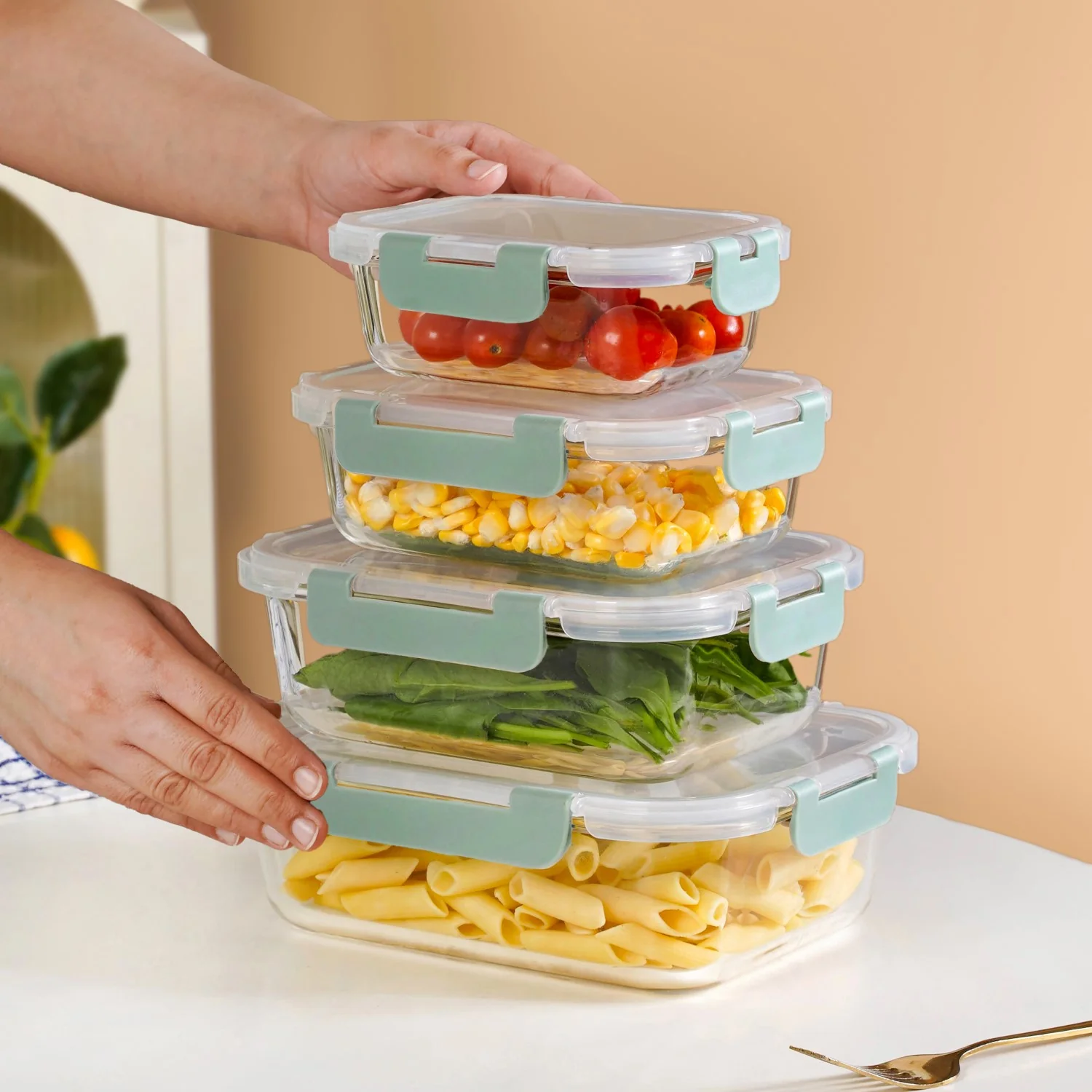 Nestro Microwave Safe Stackable Food Storage Box Set Of 4 Green S 370ml M 600ml L 1000ml Xl 1500ml - Image 3