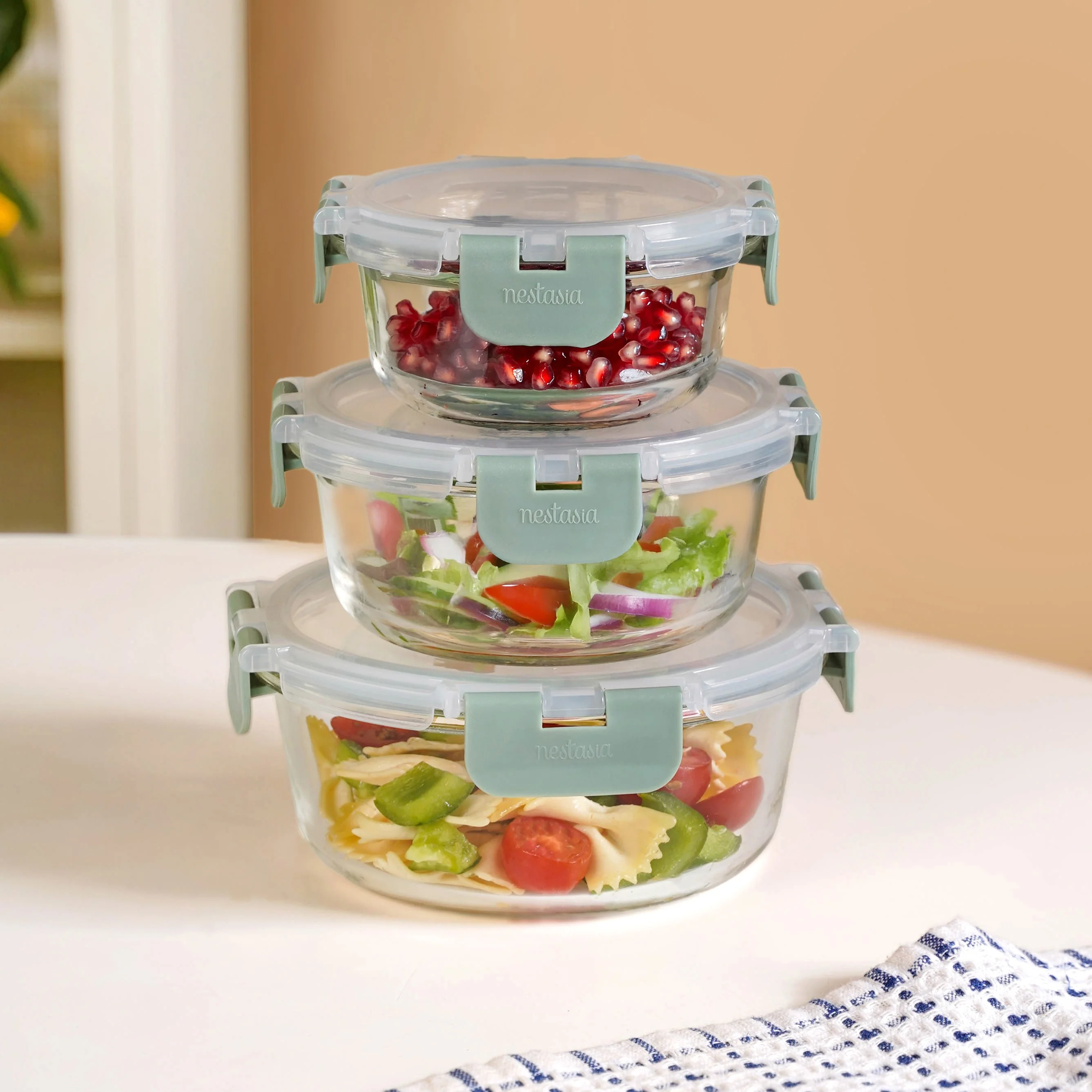 Nestro Pro Airtight Food Containers Set Of 3 Round Sage Green 215ml 400ml 600ml