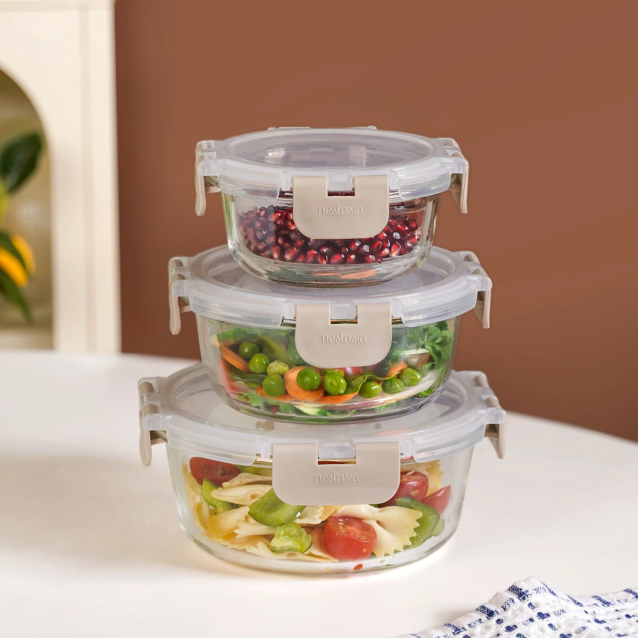 Nestro Pro Microwave Safe Containers Set Of 3 Round Beige 215ml 400ml 600ml
