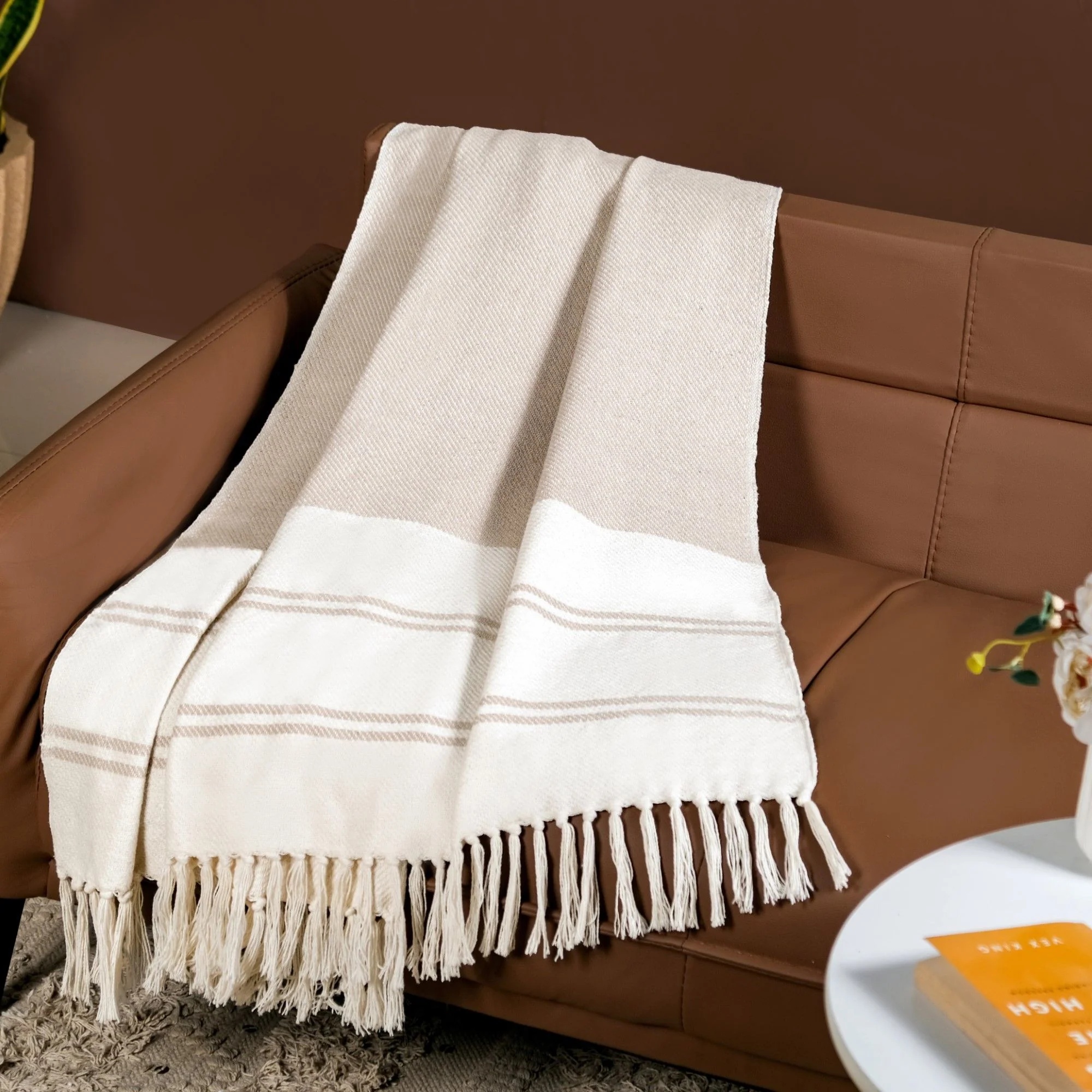 Neutral Greige Cotton Throw With Tassels - Image 3