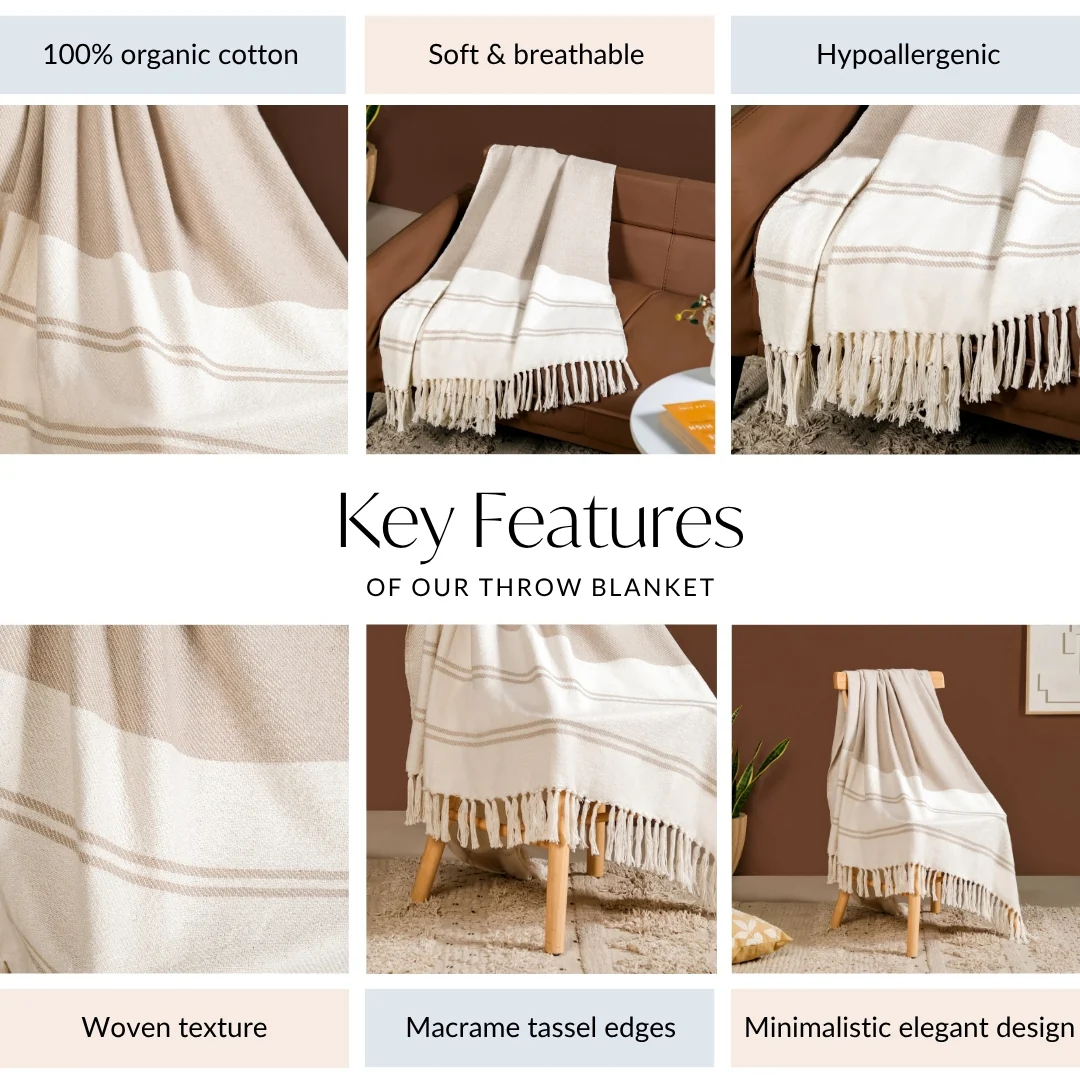 Neutral Greige Cotton Throw With Tassels - Image 5