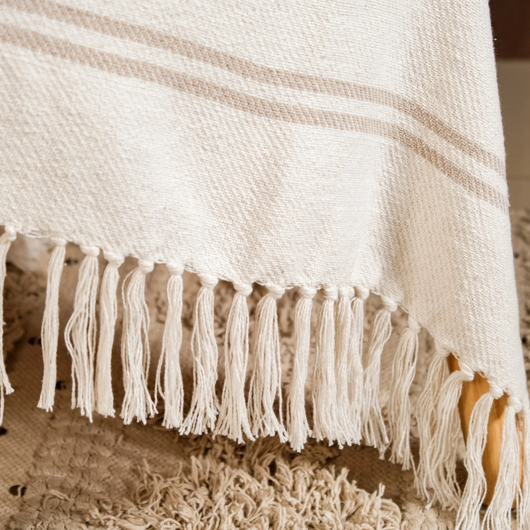 Neutral Greige Cotton Throw With Tassels - Image 6