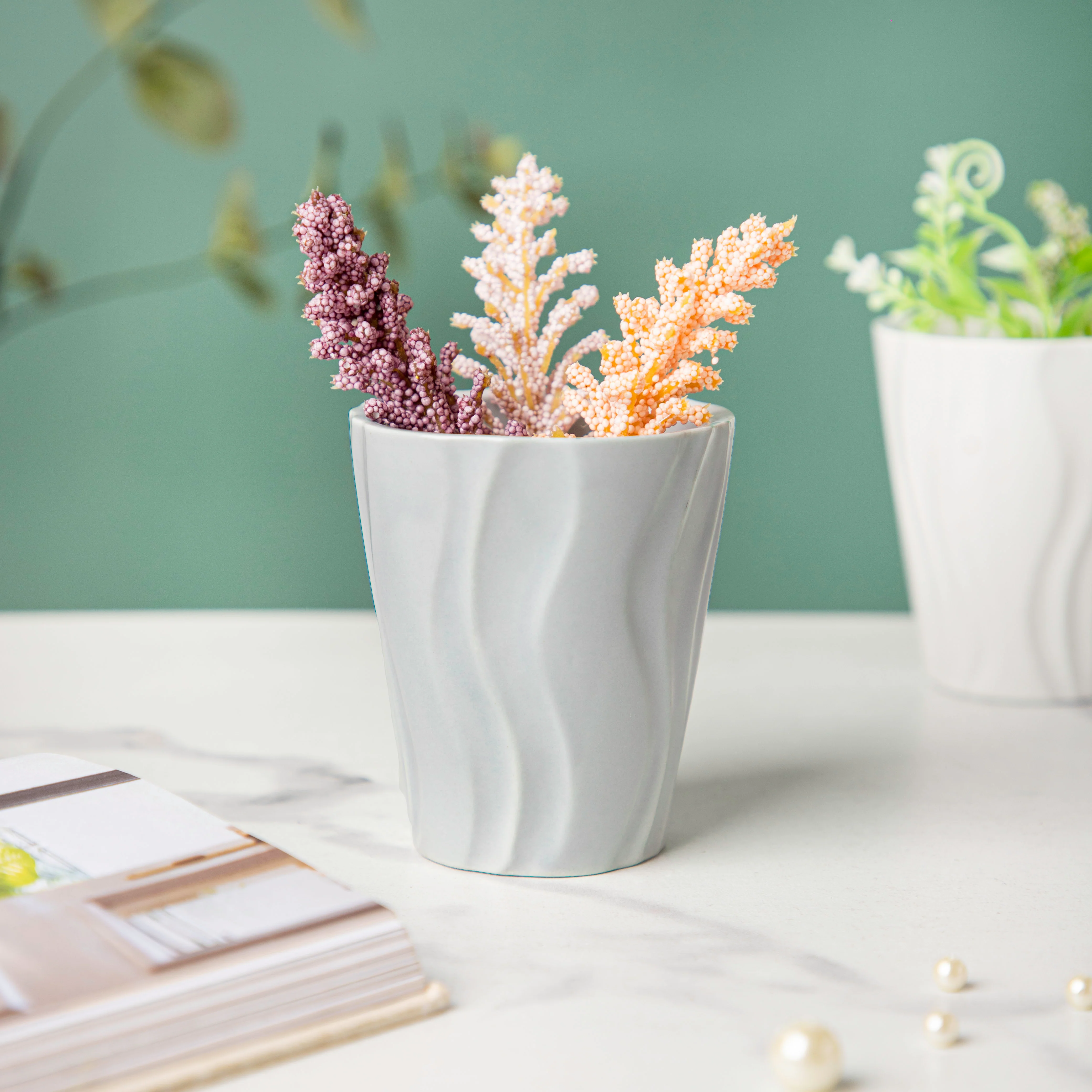 Nordic Grey Wavy Ceramic Planter - Image 2