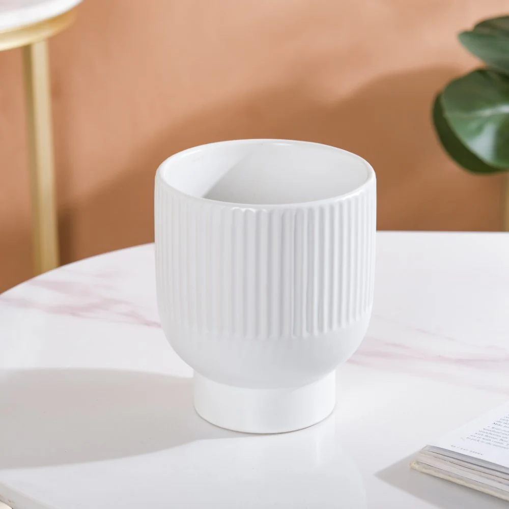 Nordic Ribbed Ceramic White Vase With Stand - Image 4