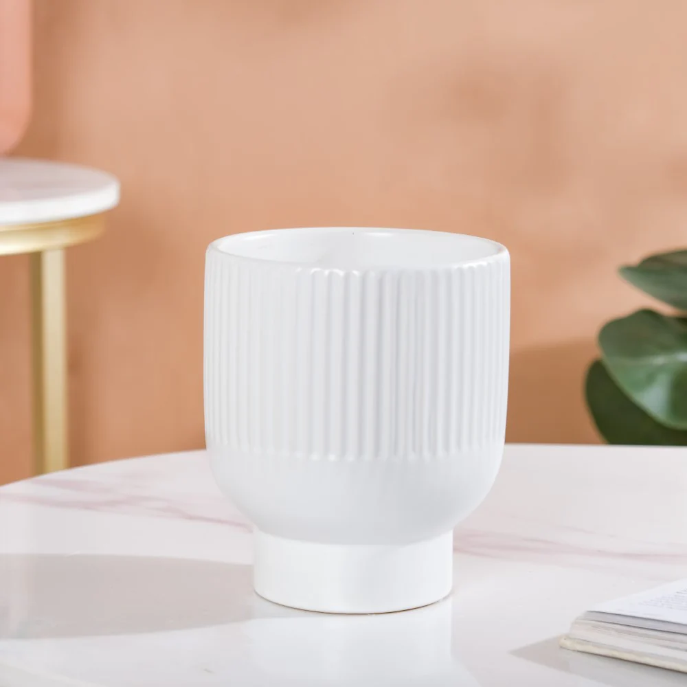 Nordic Ribbed Ceramic White Vase With Stand - Image 6