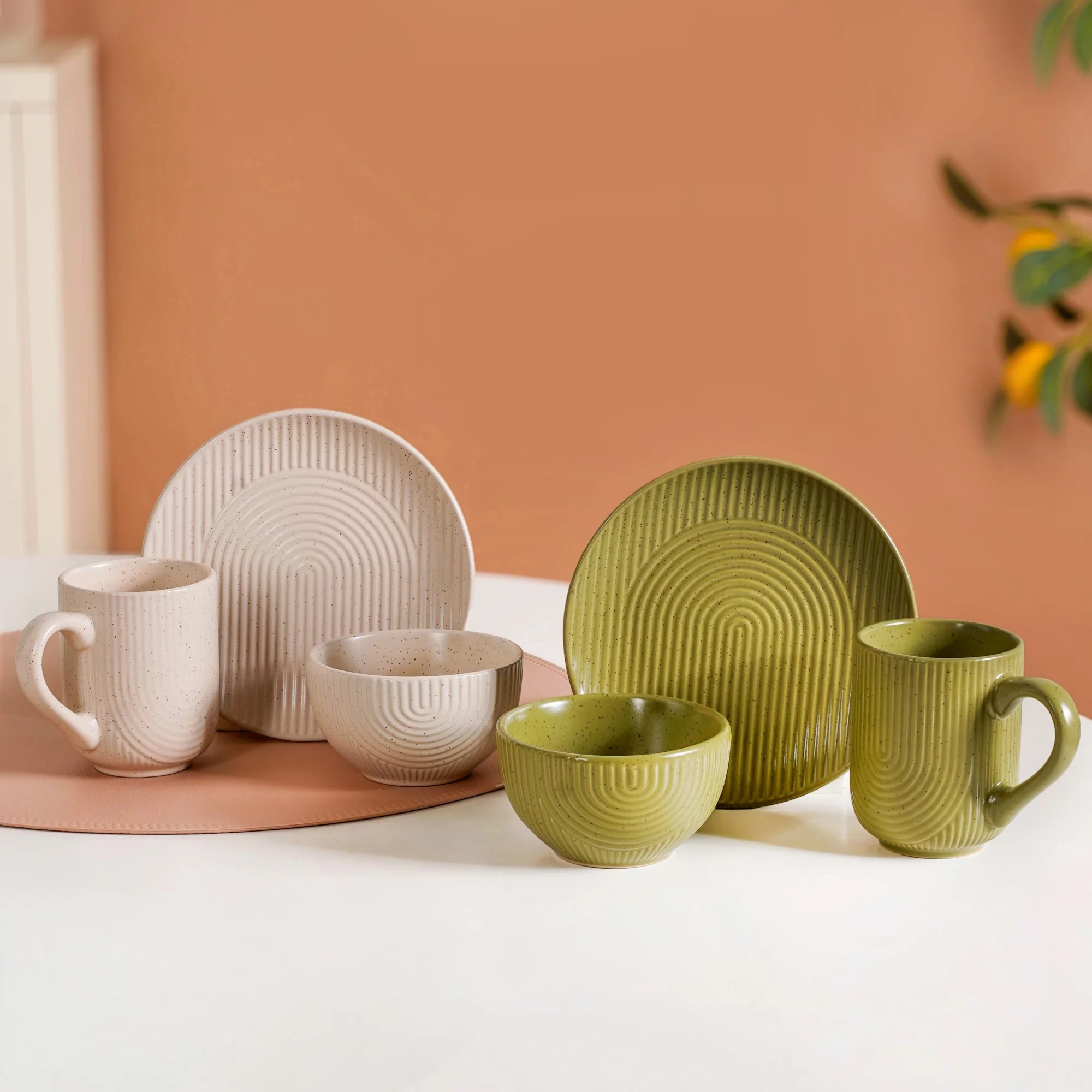 Nordic Ripple Ceramic Snack Set Of 6 With Mugs Bowls Dessert Plates